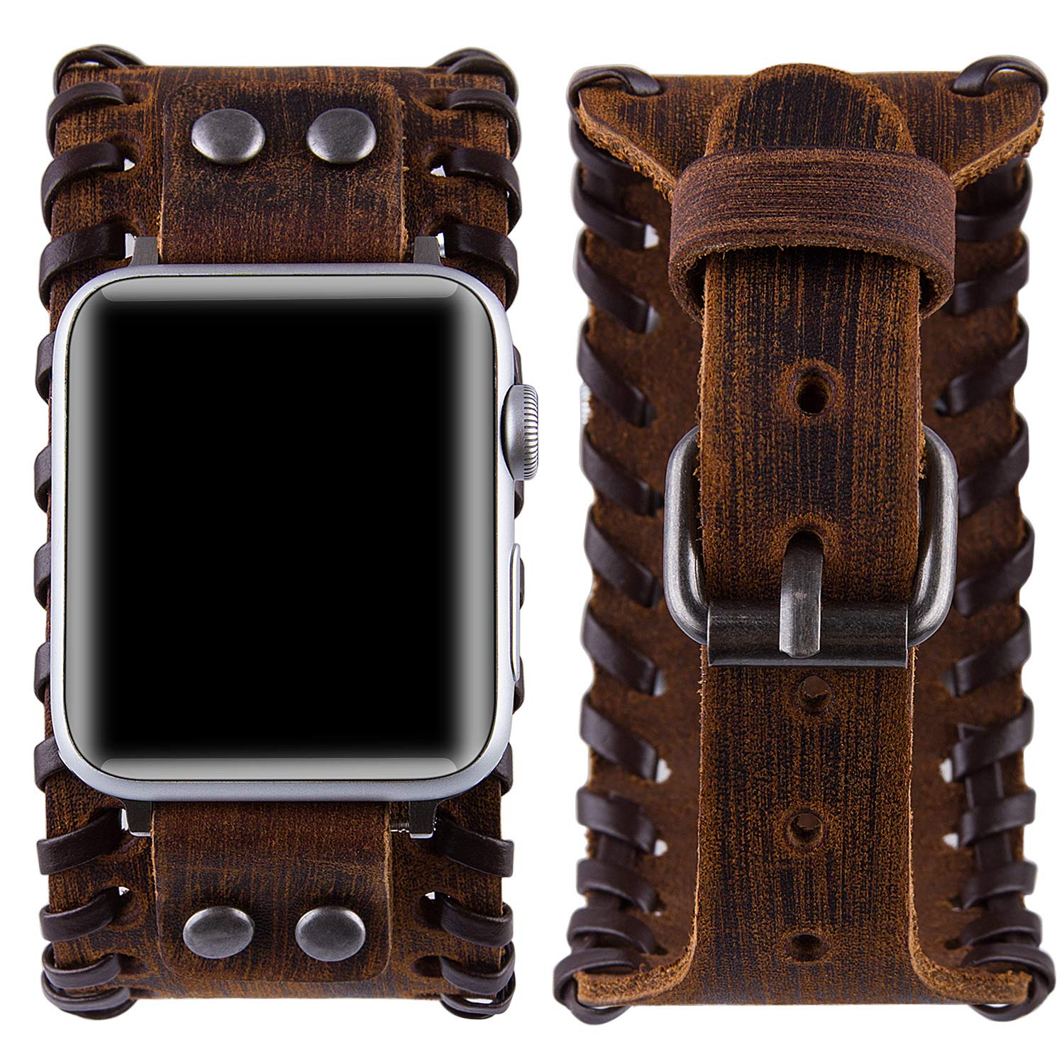 Vikoros Leather Watch Band Compatible with Apple Watch Ultra SE Series 8 7 6 5 4 3 (38mm 40mm 41mm 42mm 44mm 45mm 49mm) - Unisex Retro Nordic Viking Cuff Bracelet for Men & Women - Perfect for Outdoor Adventures, Workouts & Everyday Wear