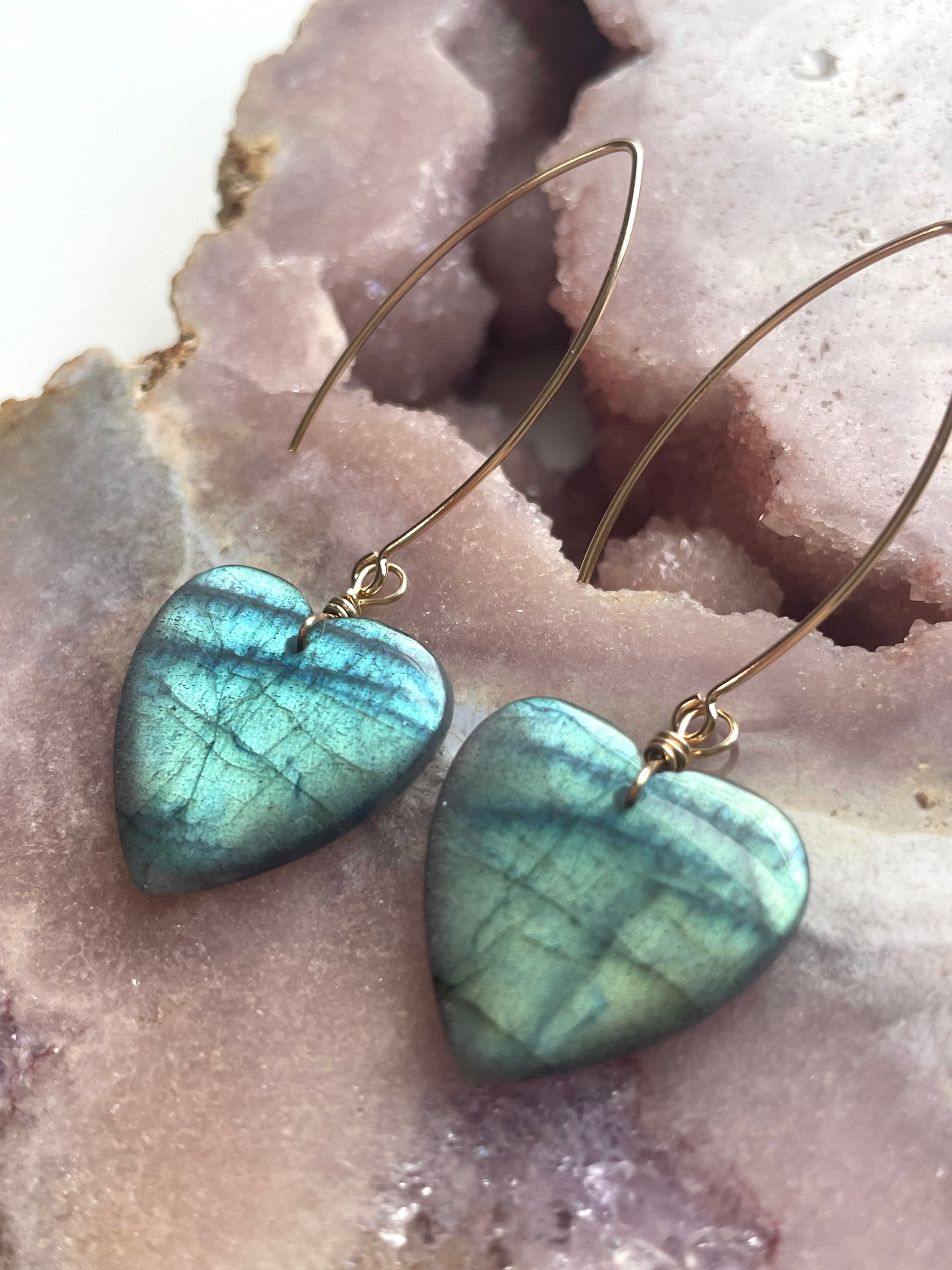 Statement Gold Labradorite Heart Dangle Drop Crystal Earrings for Women | Elegant Bohemian Jewelry for Party, Wedding & Special Occasions