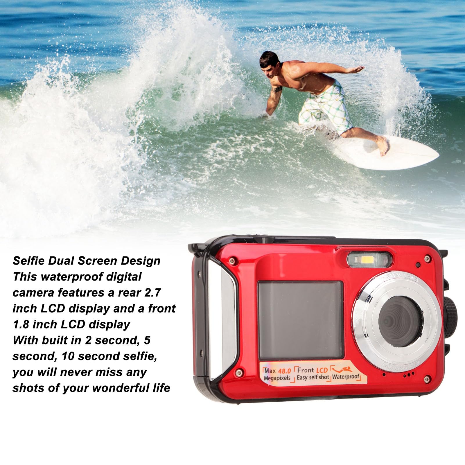 2.7K Underwater Camera with 48MP Image & Dual Screens - 10ft Waterproof Digital Camera for Snorkeling, Diving, Swimming | Supports Recording While Charging (Red) | Perfect for Beach Vacations, Pool Parties & Marine Exploration