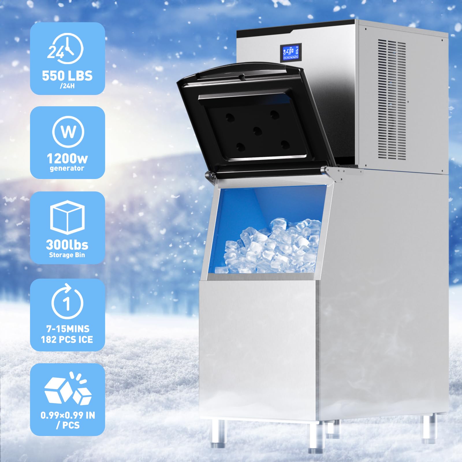 Commercial Ice Maker Machine 550 LBS/24H - Industrial Ice Machine with 350LBS Storage Bin, Fast Ice Production in 8-15 Mins, Stainless Steel Construction - Perfect for Bars, Cafes, Restaurants, Hotels, and Catering Services