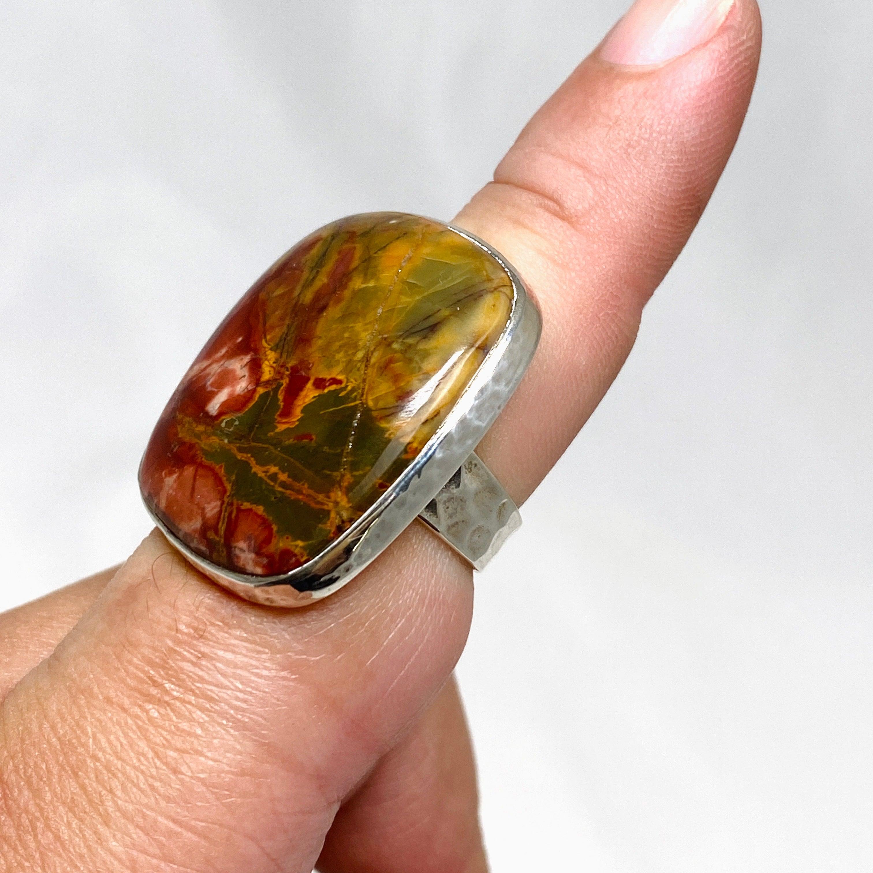 Cherry Creek Jasper Hammered Square Ring for Women - Size 8 KRGJ1607 - Boho Chic Jewelry for Everyday Wear & Special Occasions