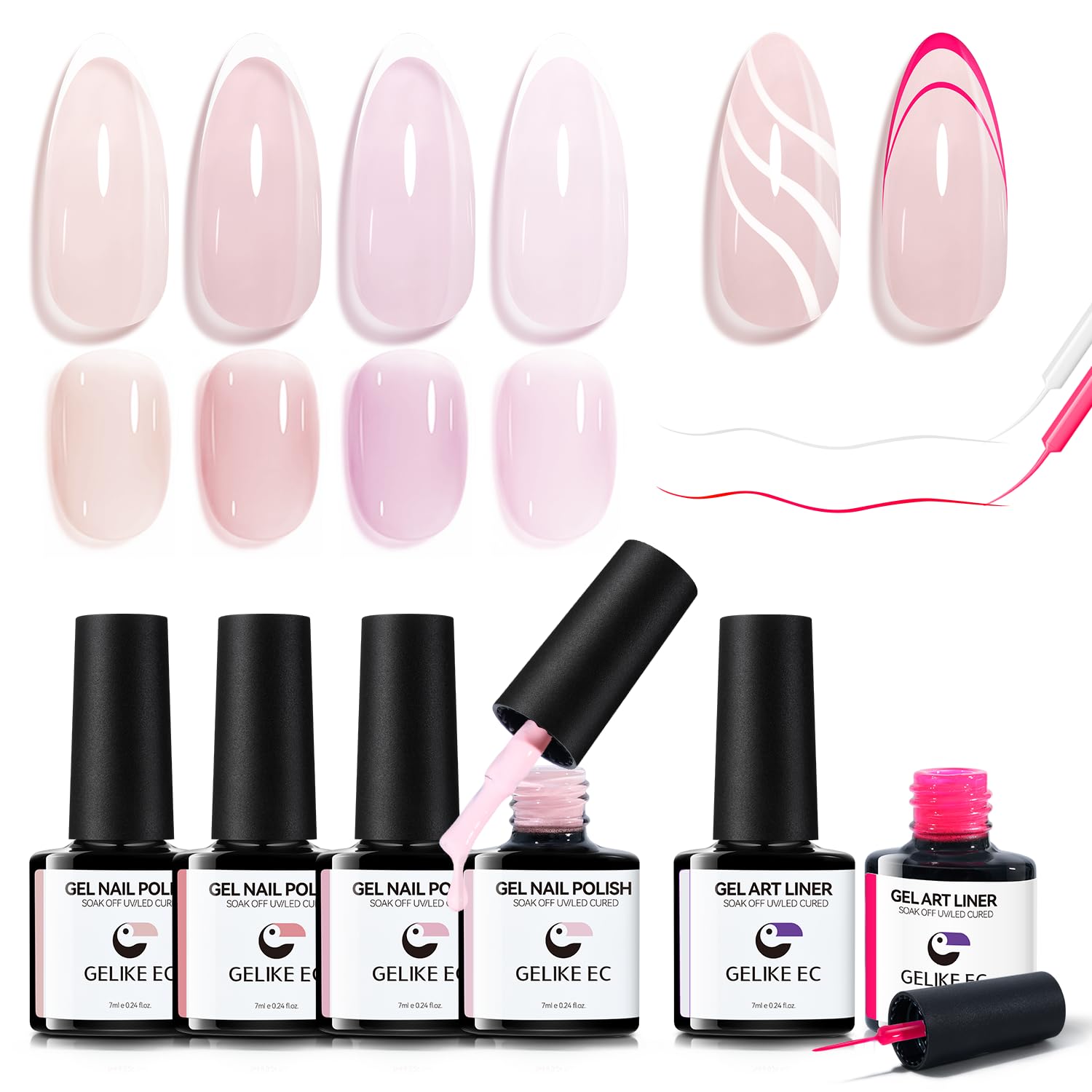 Gelike EC Sheer Nude Gel Polish Set - 6PCS Jelly Light Pink Nail Polish with Gel Liner, Neutral Color Soak Off UV Gel for French Manicure & Nail Art | DIY Home Salon Kit (7ML) | Perfect for Weddings, Parties & Everyday Wear