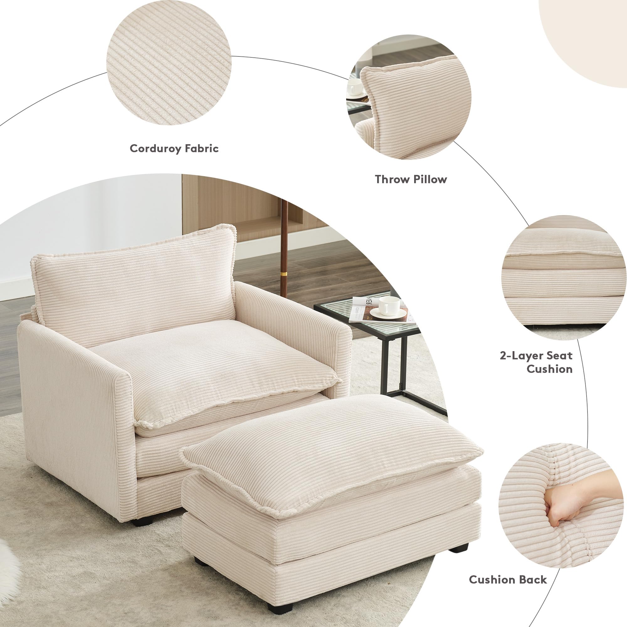 Convertible Sectional Sofa with Ottoman - Corduroy Upholstered Living Room Couch Set with Chaise Lounge, Modern Beige Furniture for Small Spaces | Perfect for Apartments, Family Rooms & Cozy Home Decor