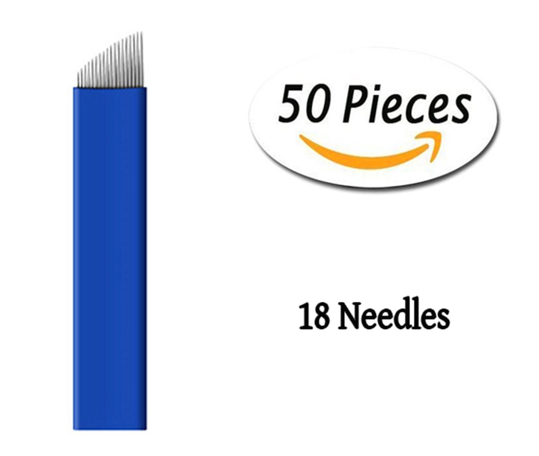 50PCS Professional Microblading Needles for Eyebrow Tattoo - 18 Pin Ultra Fine Blue Tattoo Needles - Perfect for Microblading, Ombre Brows & Permanent Makeup - Ideal for Salon Artists & Home Use