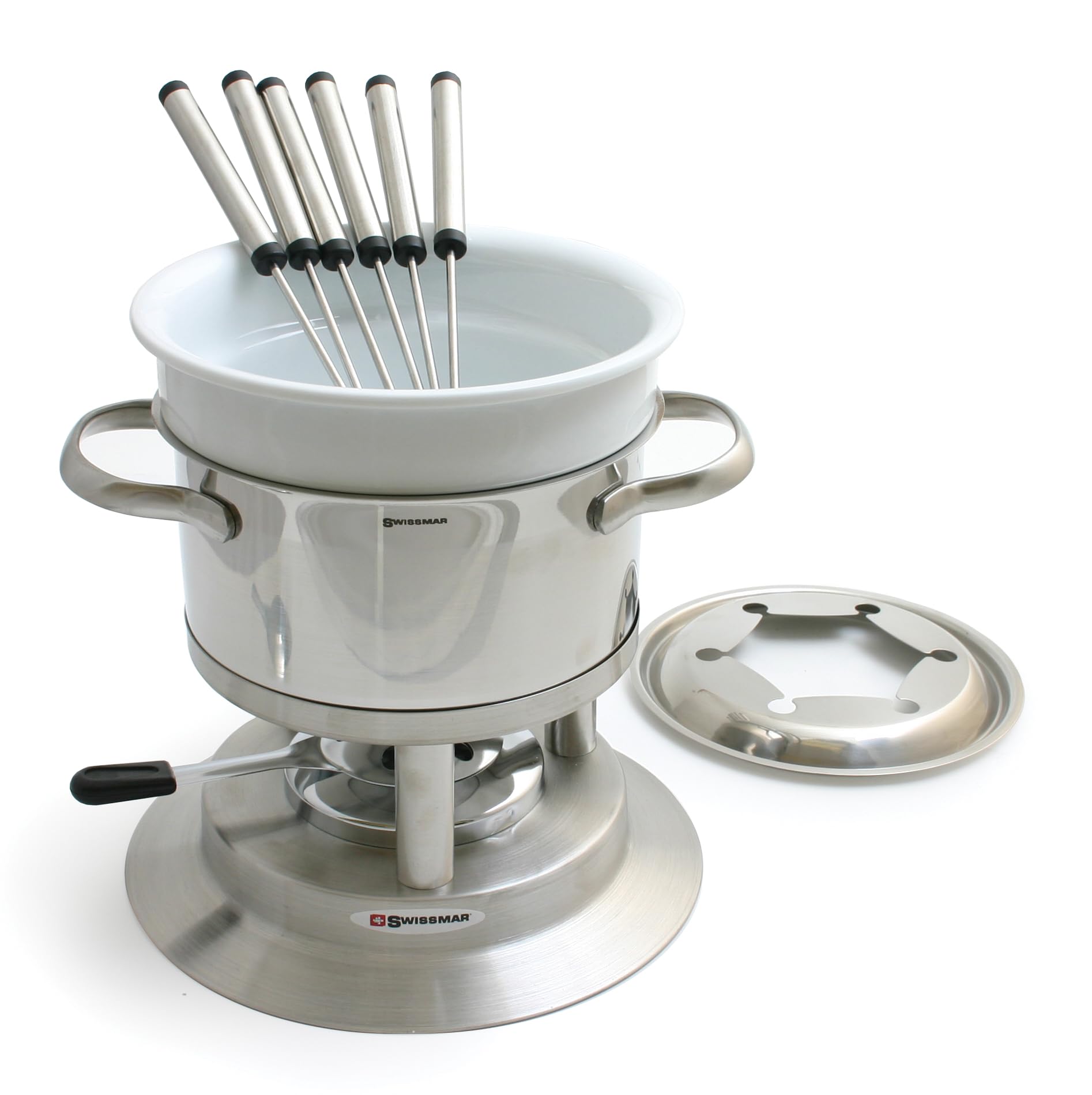 Swissmar Arosa 11-Piece Stainless Steel 3-in-1 Fondue Set for Cheese, Chocolate & Butter - 1.6 Qt (1.5L) Professional Melting Pot - Perfect for Dinner Parties, Romantic Date Nights & Wedding Gifts - Durable Kitchen Essential for Entertaining