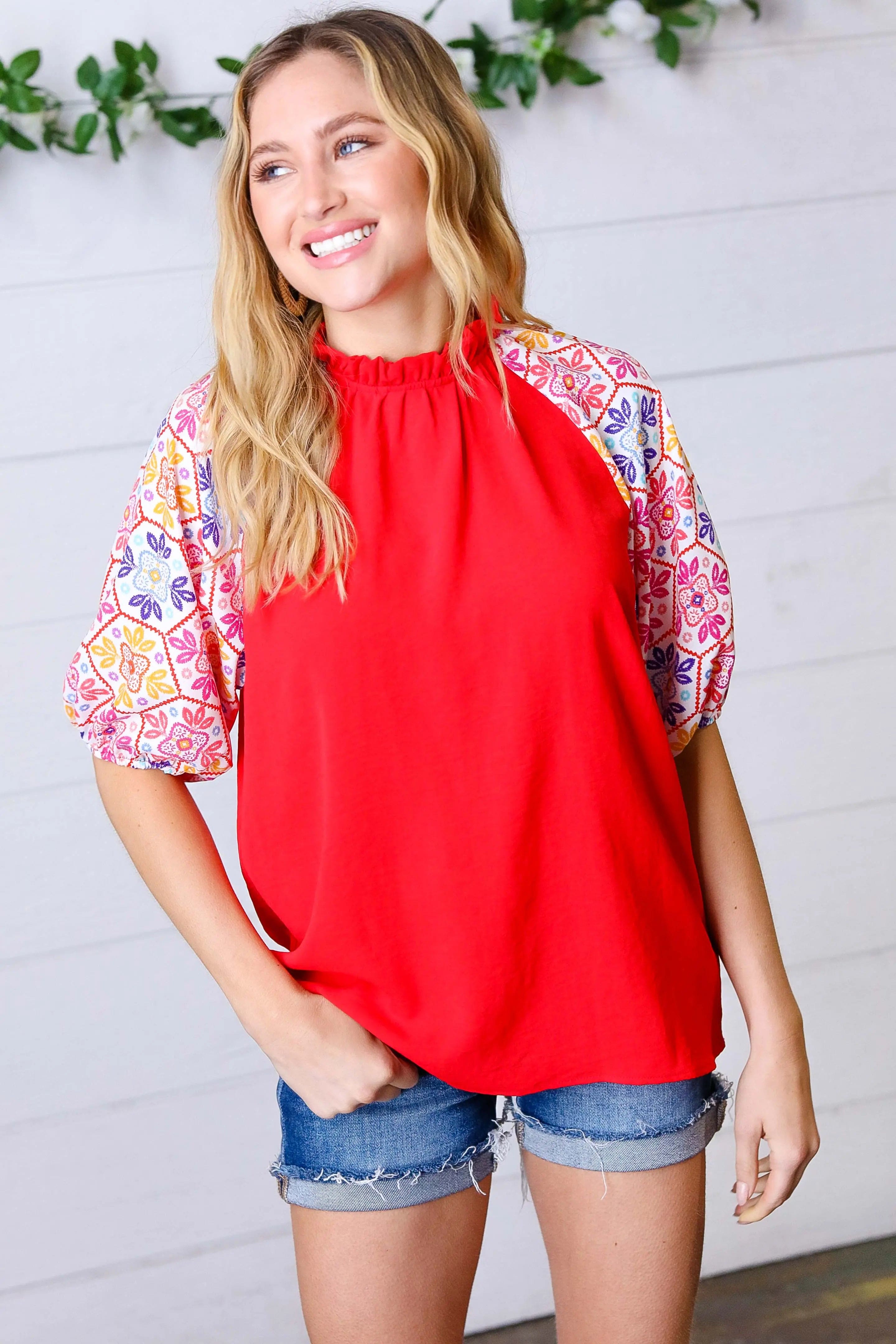 Cardinal Red Frilled Mock Neck Floral Puff Sleeve Blouse - Elegant Women's Fashion Top for Parties, Dates & Special Occasions