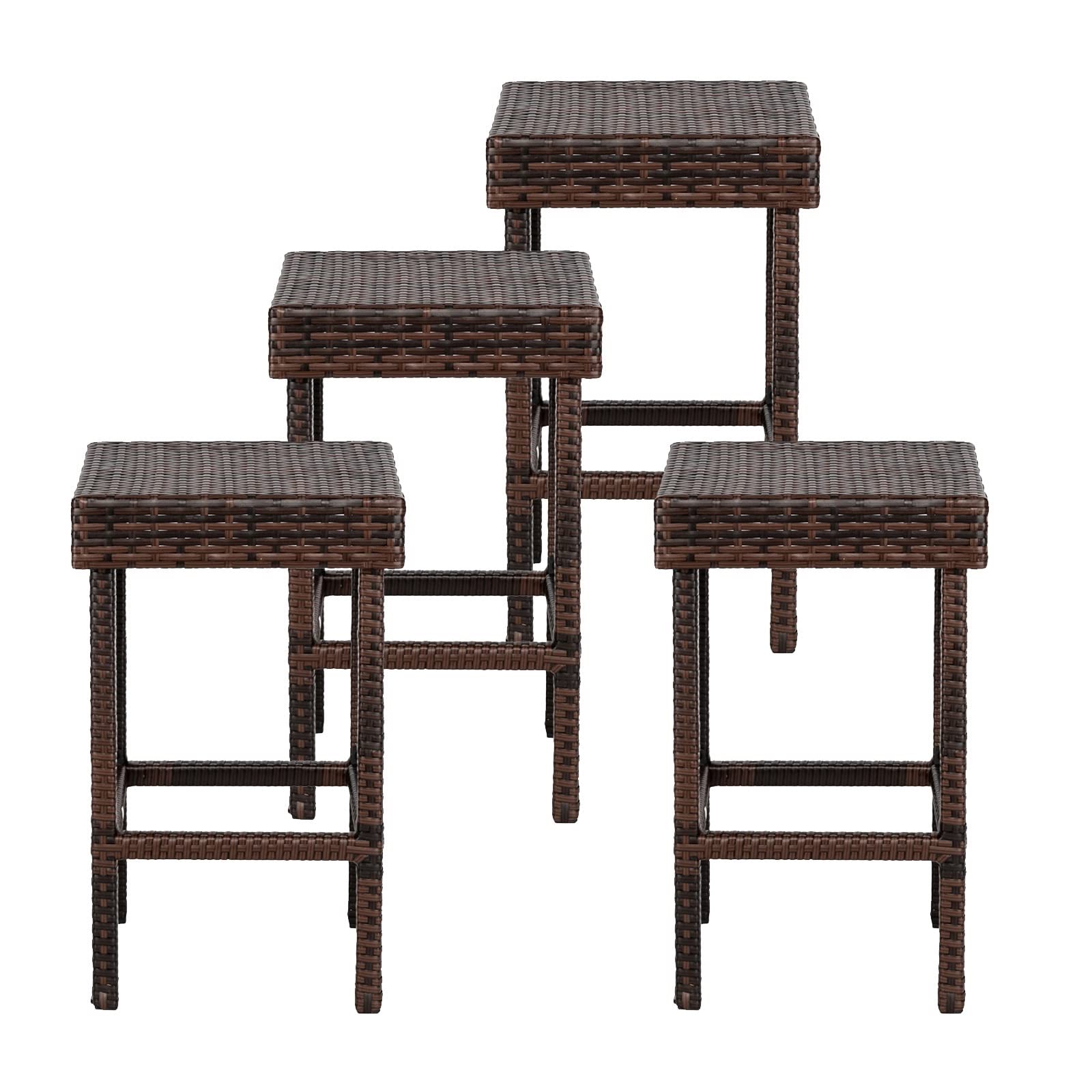 4-Piece Wicker Bar Stool Set with Footrests & Armrests - Indoor/Outdoor Bar Height Chairs for Patio, Poolside, Deck, Garden & Backyard - Brown Rattan Seating for Outdoor Entertaining & Relaxation