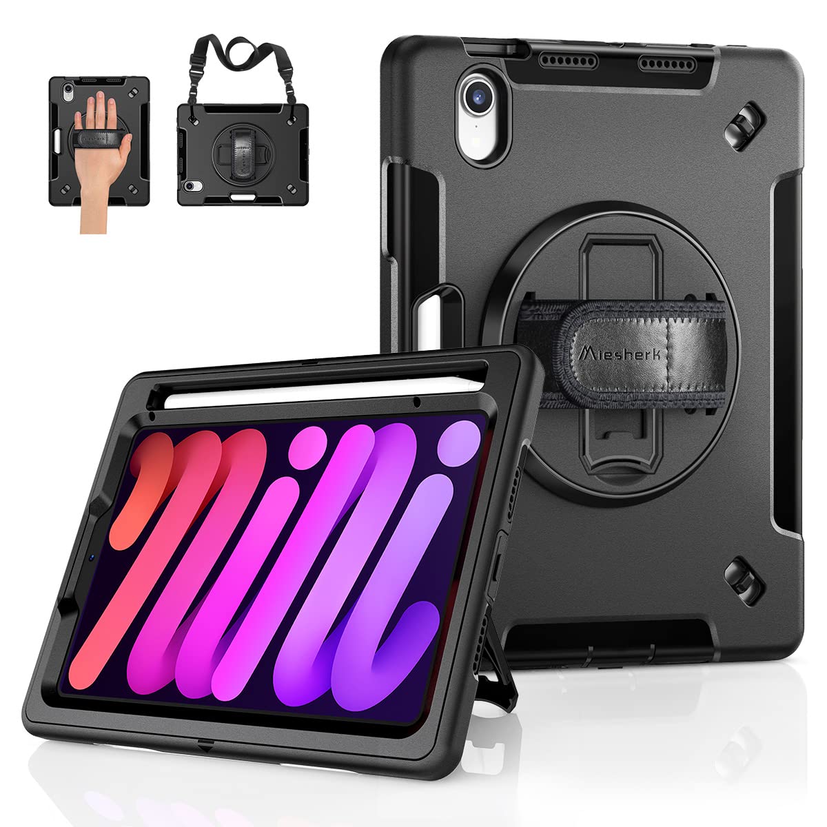 Military Grade Shockproof iPad Mini 6 Case (2021, 8.3 Inch) - Heavy Duty Protective Cover with Pencil Holder, Rotating Stand & Adjustable Hand/Shoulder Strap - Perfect for Travel, Work & Outdoor Use - Black
