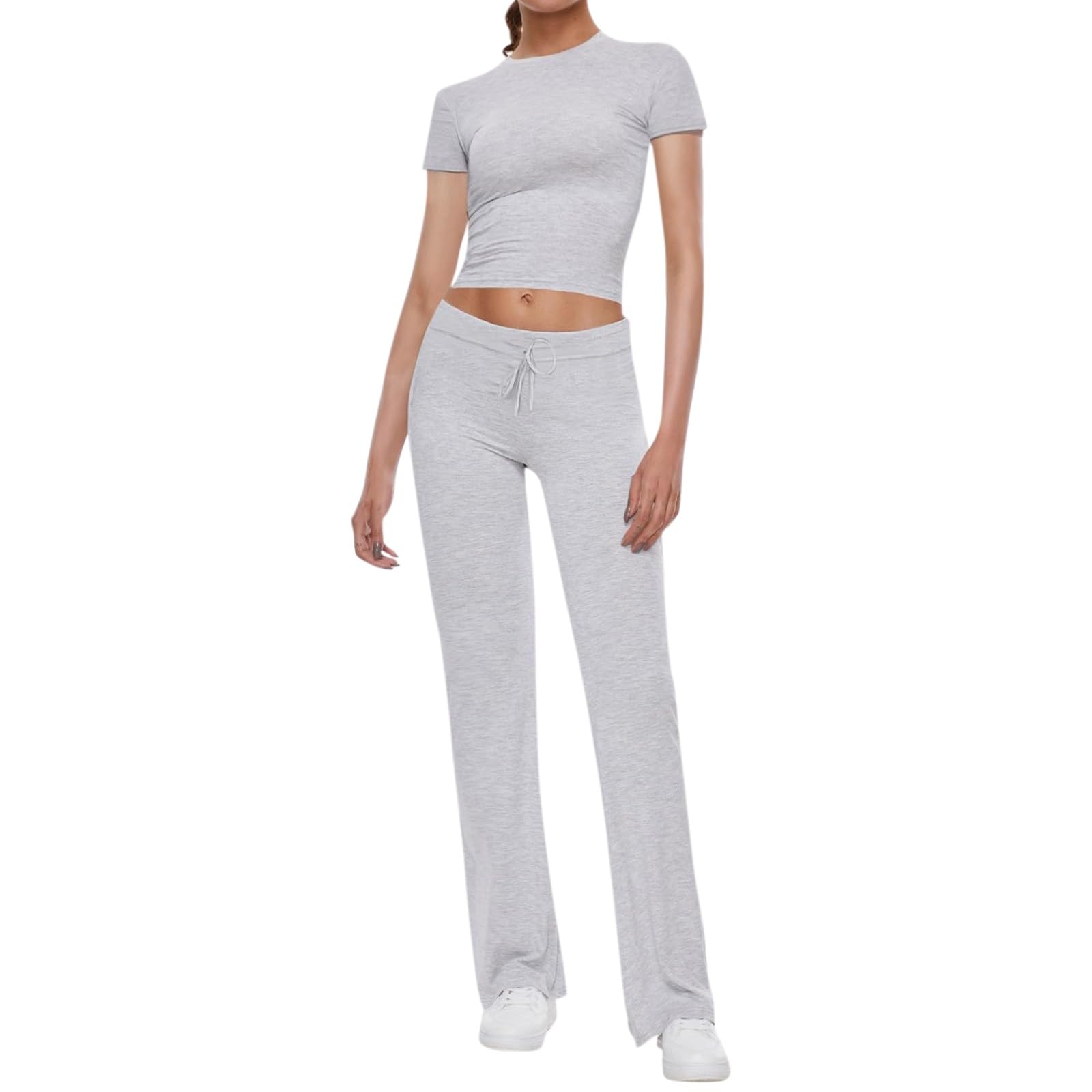 Women's 2 Piece Lounge Set - Ruched Short Sleeve Tops & High Waisted Wide Leg Pants Tracksuit Outfit | Comfortable Loungewear for Home, Yoga & Casual Wear