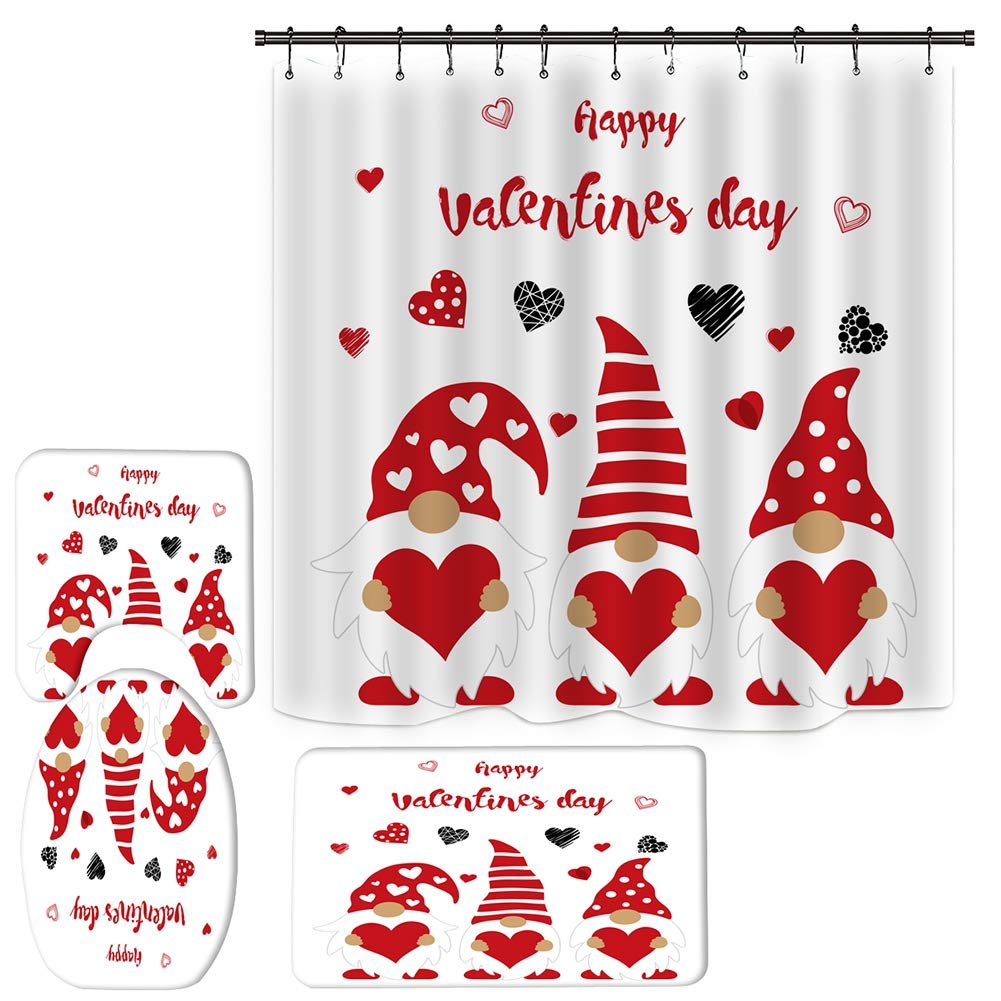 Ochine Valentine's Day Shower Curtain Set - Waterproof Polyester Bathroom Decor with Red Hearts, Trees & Gnome Design, Includes 12 Hooks - Perfect for Romantic Bathrooms, Couples' Gifts & Holiday Decor