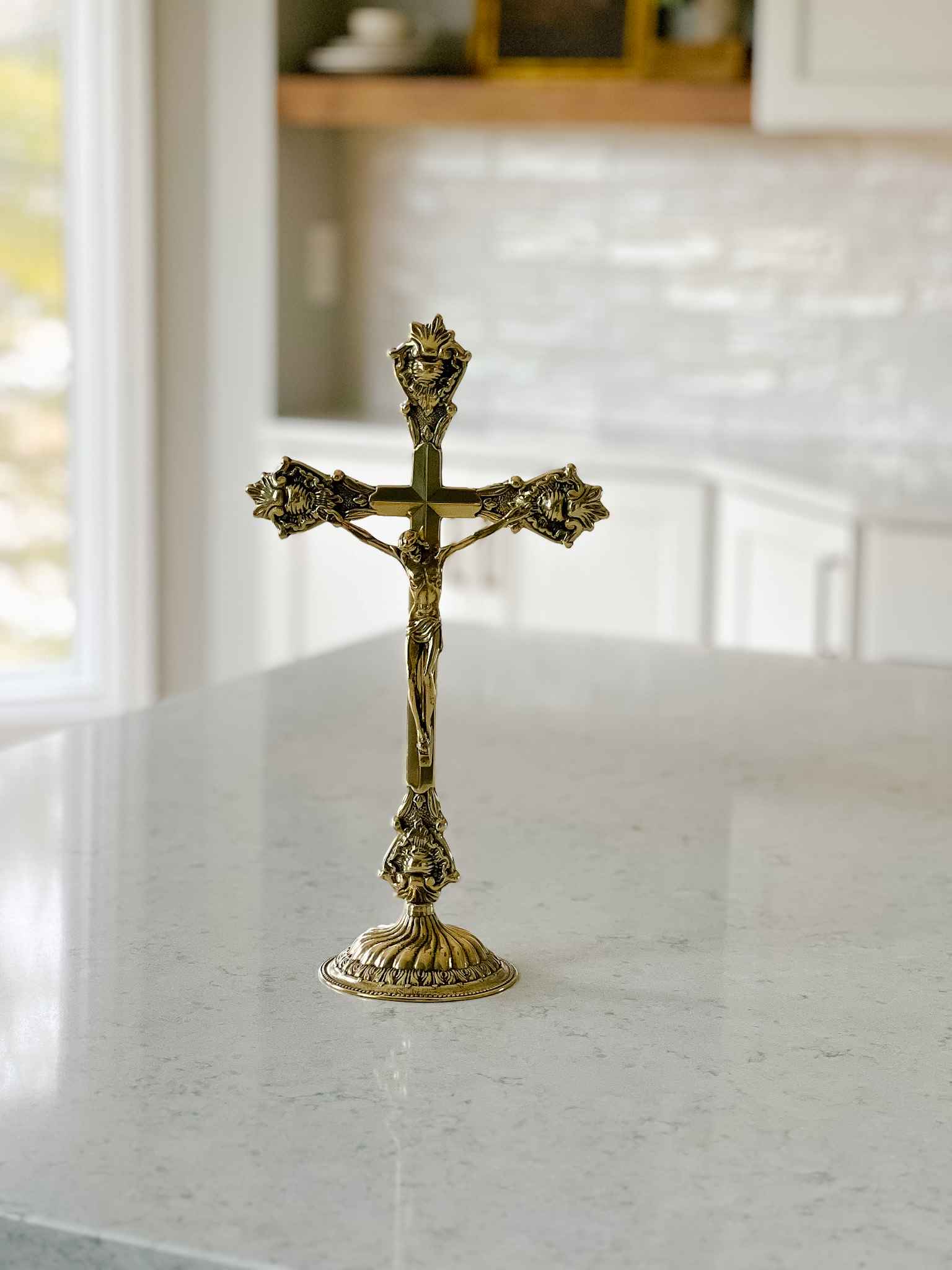 Standing Crucifix Grande - Polished Brass Religious Cross for Home Altar, Church Decor, and Prayer Spaces