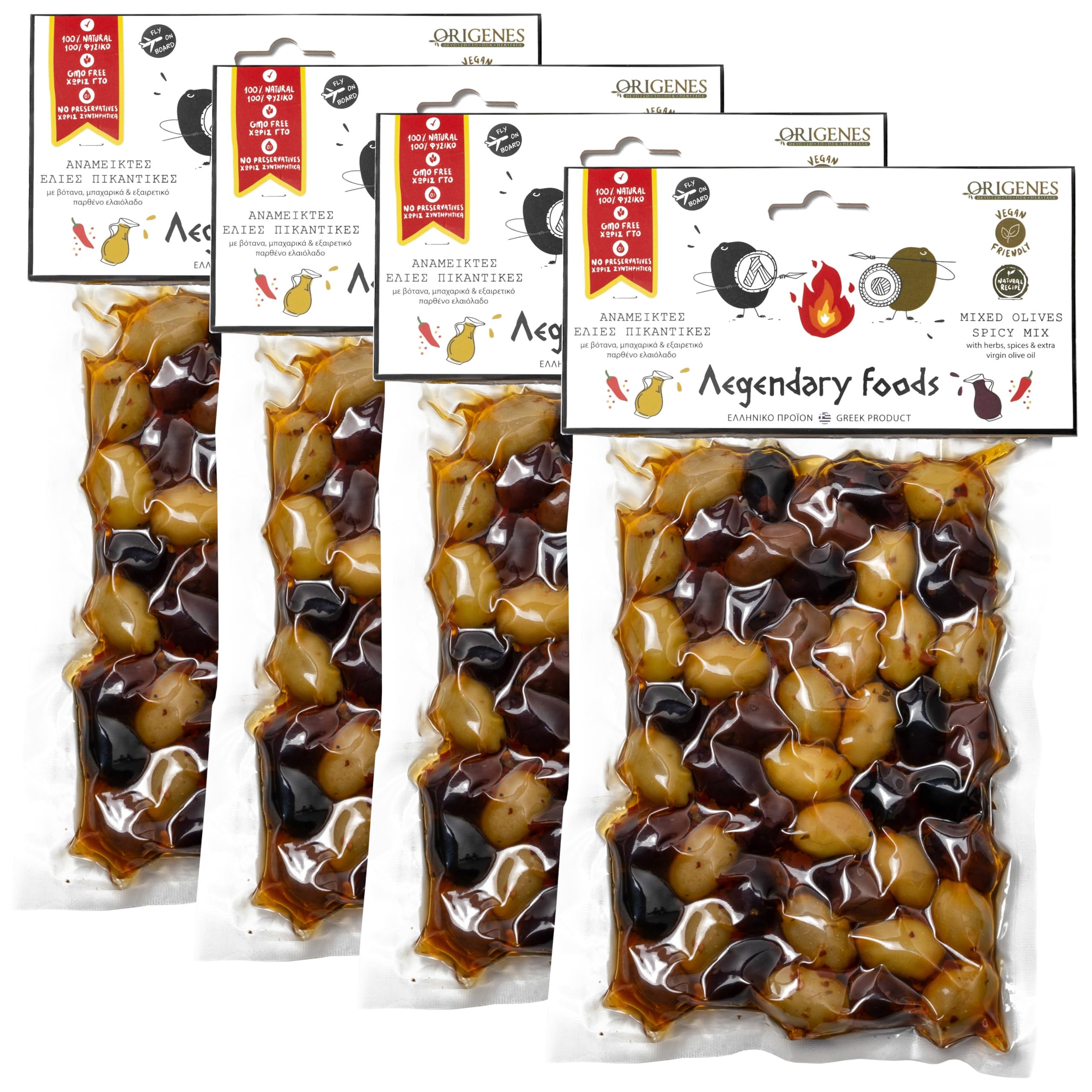 Pack of 4 Spicy Mixed Olives in Vacuum Seal - Kalamata & Green Olives with Red Pepper Flakes in Extra Virgin Olive Oil (4x200g) - Perfect for Charcuterie Boards, Mediterranean Dishes & Gourmet Gifts