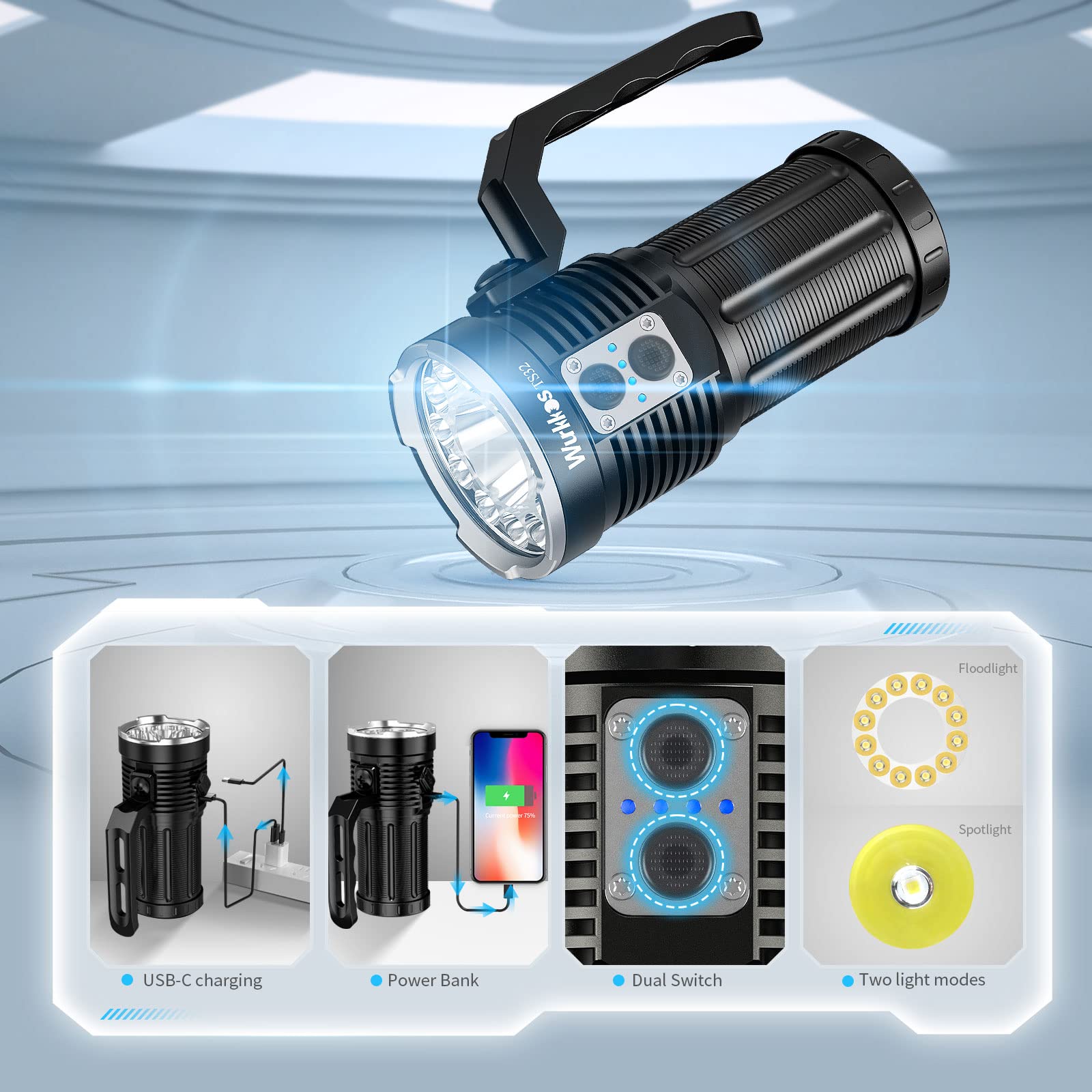 Wurkkos TS32 13000 Lumen Rechargeable LED Flashlight - IP68 Waterproof, 12x519A & 1xSFT40 LEDs, Dual Switch Design with Discharge Function - Perfect for Camping, Hiking, Emergency & Outdoor Adventures