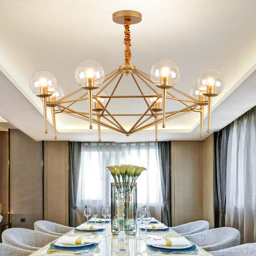 8 Heads Chandelier with E14 Lamp Holder - Wrought Iron & Glass Lampshade Hanging Light Fixture - Elegant Gold Ceiling Lamp for Living Room, Bedroom, Corridor - Perfect for Home Decor, Dining Area, and Entryway Lighting