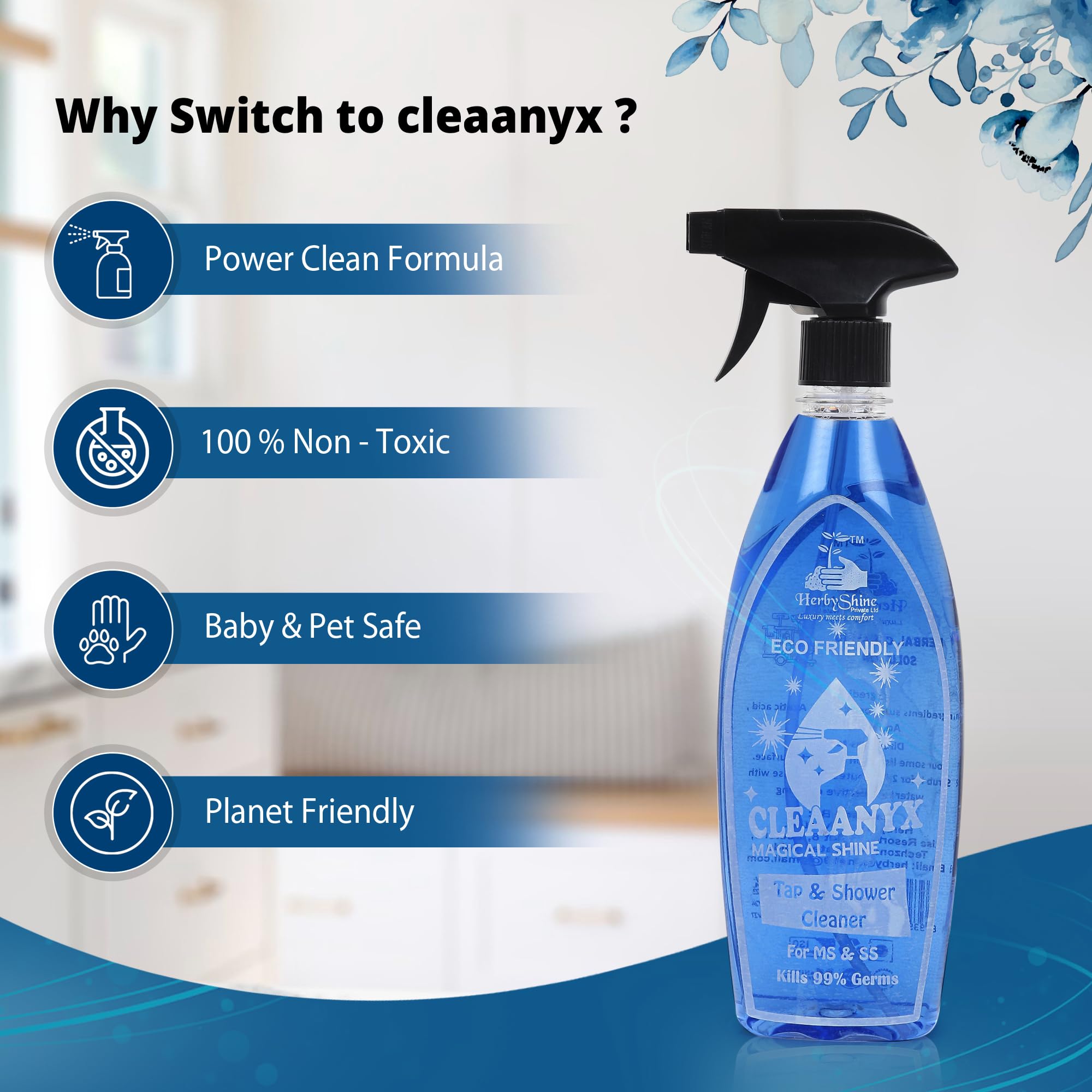 HerbyShine Bathroom Tap Cleaner | Hard Water Stain Remover & Shower Head Cleaner | Liquid Spray for Stain Removal | Perfect for Kitchen Sinks, Faucets, and Shower Glass Doors