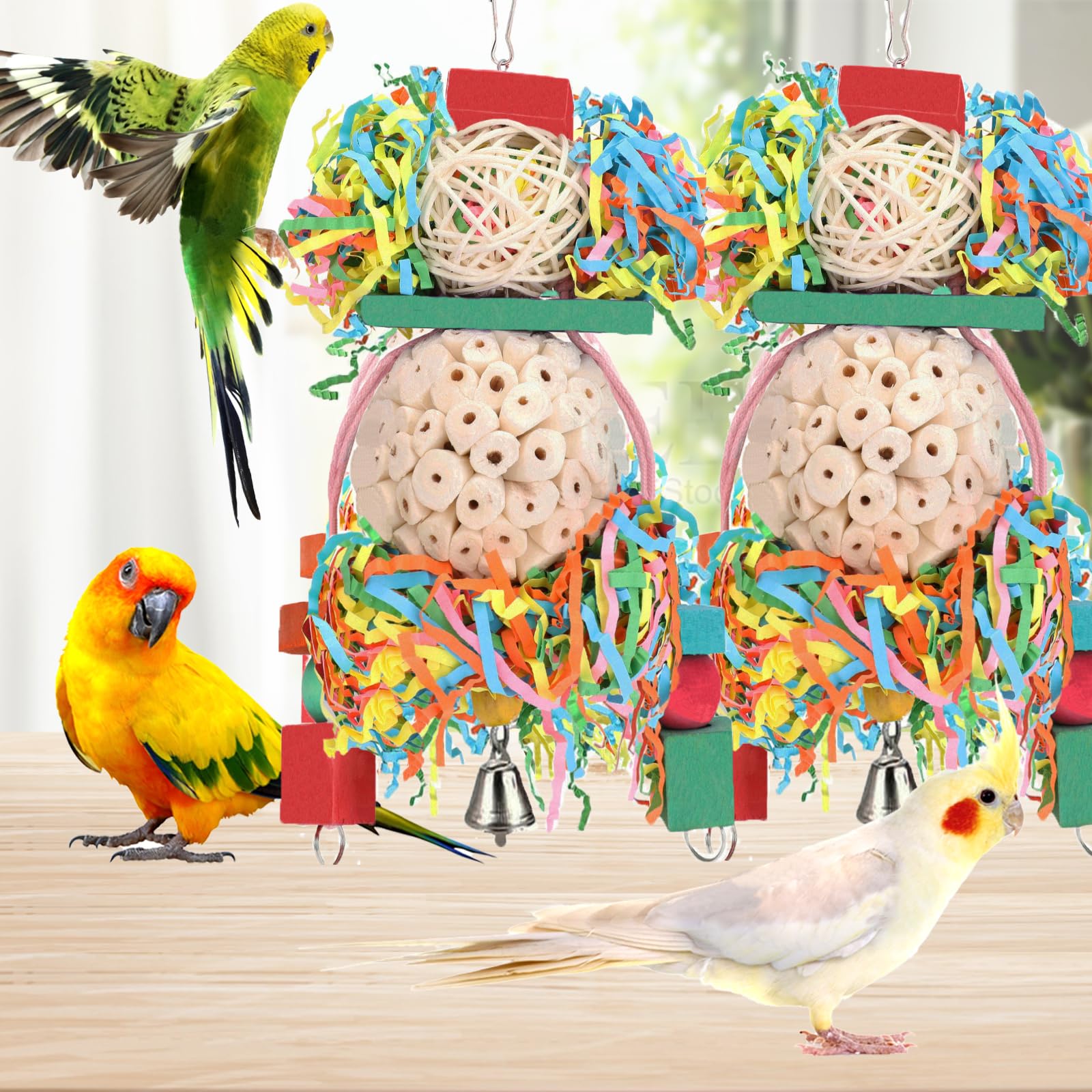 BBjinronjy 2PCS Natural Soft Sola Ball Bird Chew Toys - Hanging Forage & Shred Toys for Parrots, Cockatiels, Conures, Love Birds, Parakeets, Budgies | Perfect for Cage Enrichment & Beak Exercise