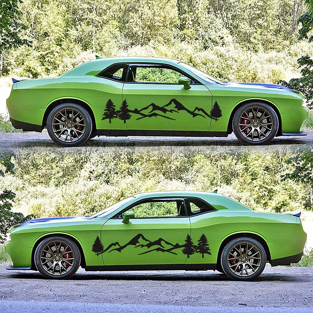 2Pcs Black Mountain Tree Forest Car Side Body Stickers - Custom PVC Graphic Decals for Cars, Trucks & SUVs - Waterproof & Durable Vinyl Decals for Outdoor Adventure & Off-Road Enthusiasts