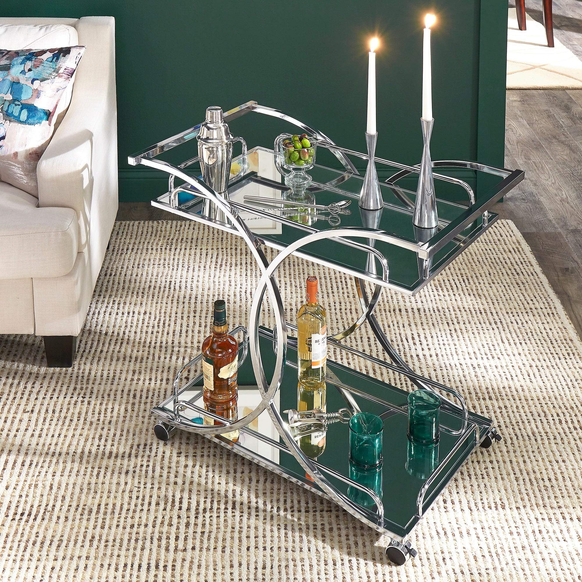 Stylish Rosewood Chrome Bar Cart with Curved Metal Frame - Modern Bohemian Glam Glass Finish with Hardware - Perfect for Home Bar, Living Room Decor & Cocktail Party Serving