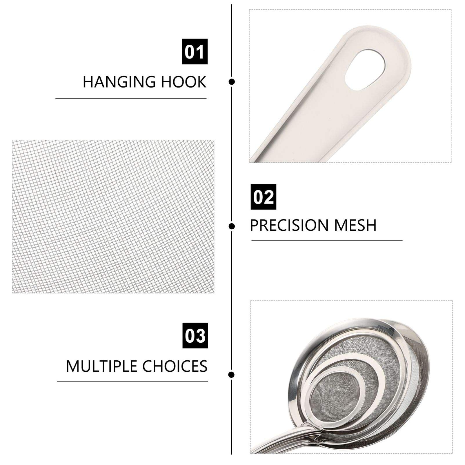 5-Piece Stainless Steel Fine Mesh Strainer Set - Kitchen Sieve, Flour Sifter, Skimmer & Colander for Baking, Frying & Cooking - Perfect for Fried Chicken, Baking, Pasta & More