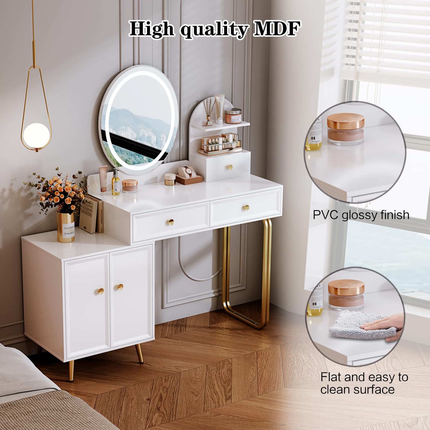 White Vanity Desk with Mirror and Lights - Small Makeup Vanity Table with 2 Spacious Drawers & Adjustable Cabinet - Modern Dressing Table for Bedroom, Makeup Room, Home Office or Writing Desk - Perfect for Cosmetics Storage & Daily Beauty Routine