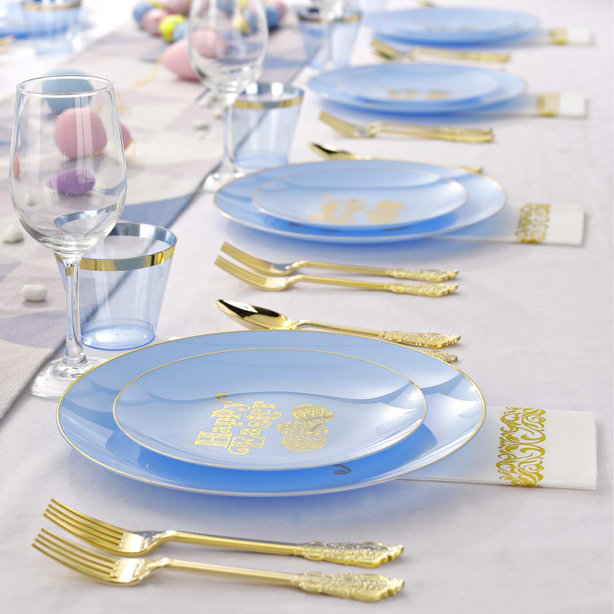 150-Piece Easter Party Tableware Set - Blue & Gold Disposable Plastic Plates, Cutlery & Cups for Easter Egg Hunt, Brunch, and Spring Celebrations