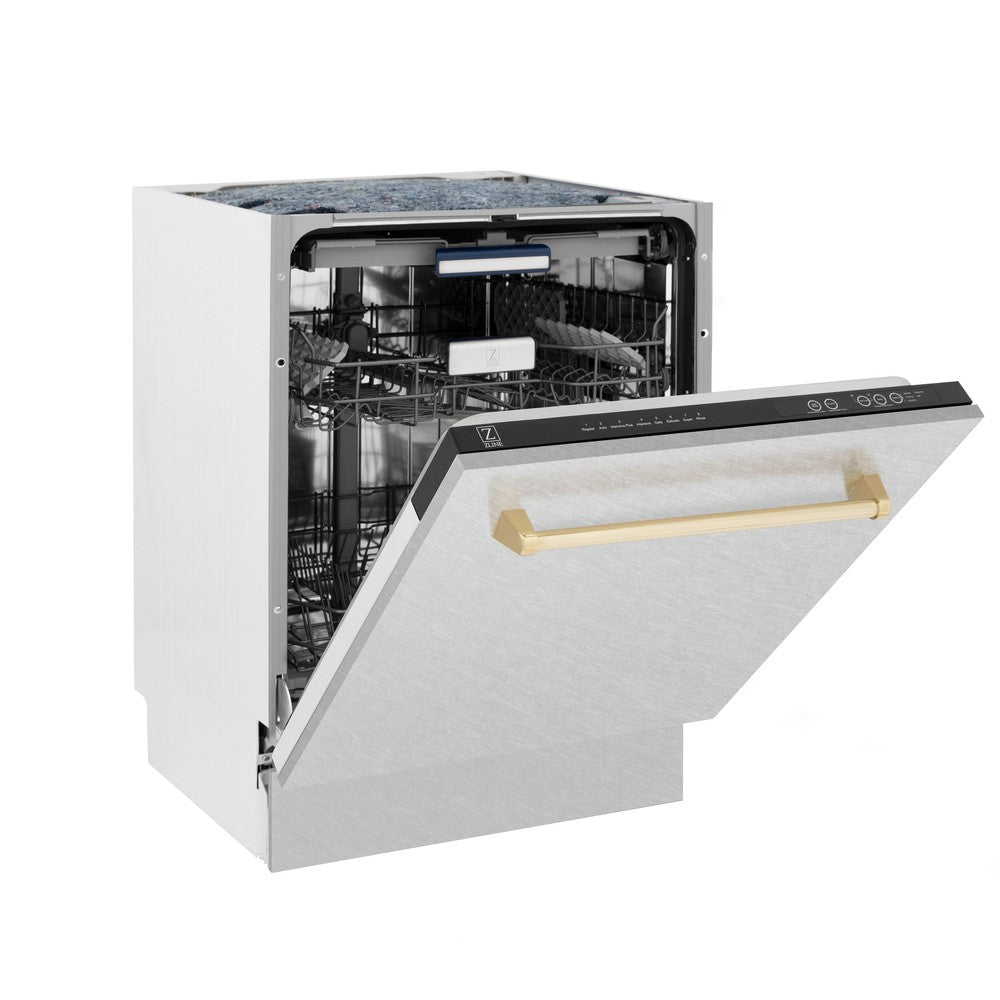 ZLINE Autograph Edition 24-inch Built-In Dishwasher with 3rd Rack - Satin Stainless Steel Panel & Polished Gold Handle - 51dBa Ultra Quiet - Perfect for Modern Kitchens & Open-Concept Homes (DWVZ SN 24 G)