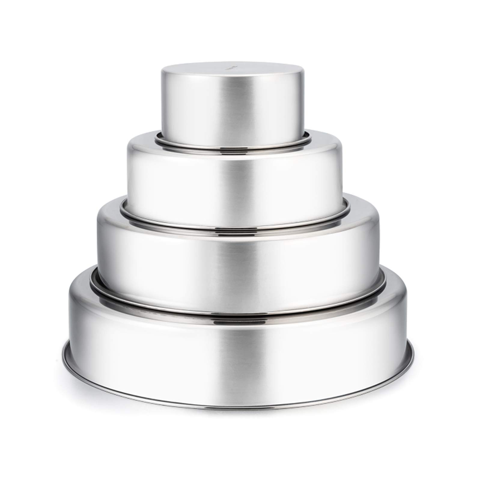 TeamFar Stainless Steel Round Cake Pan Set (4'', 6'', 8'', 9.5'') - Heavy Duty Tiered Baking Pans for Cakes, Steaming & Serving | Oven & Dishwasher Safe | Perfect for Birthday Cakes, Wedding Cakes & Home Baking (Set of 4)
