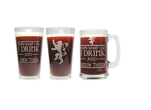 I Drink and I Know Things Mug and Pint Gift Set - 15oz Coffee Mug & 16oz Beer Glass - Perfect for Game of Thrones Fans, Housewarming Gifts & Pub Enthusiasts