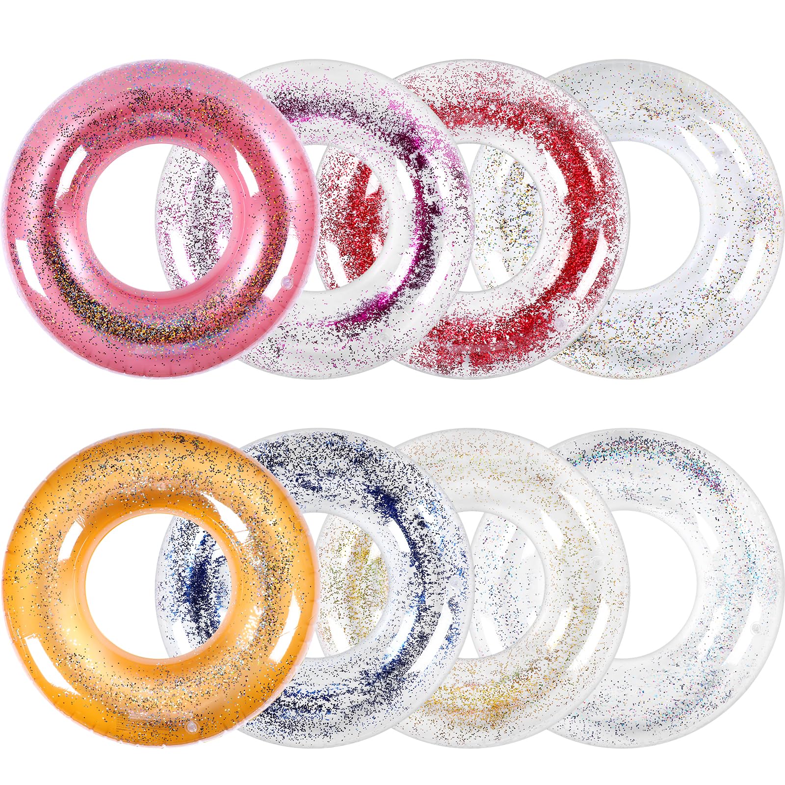 8-Piece Transparent Glitter Inflatable Pool Float Tubes for Kids - Swim Rings for Boys & Girls, Summer Beach Party Decorations, Pool & Lake Water Fun Accessories