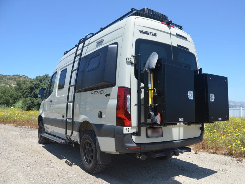 Aluminess Rear Door Tire & Box Carrier for Mercedes Sprinter Van (2019-2023) - Heavy Duty Off-Road Accessory for Adventure & Overlanding