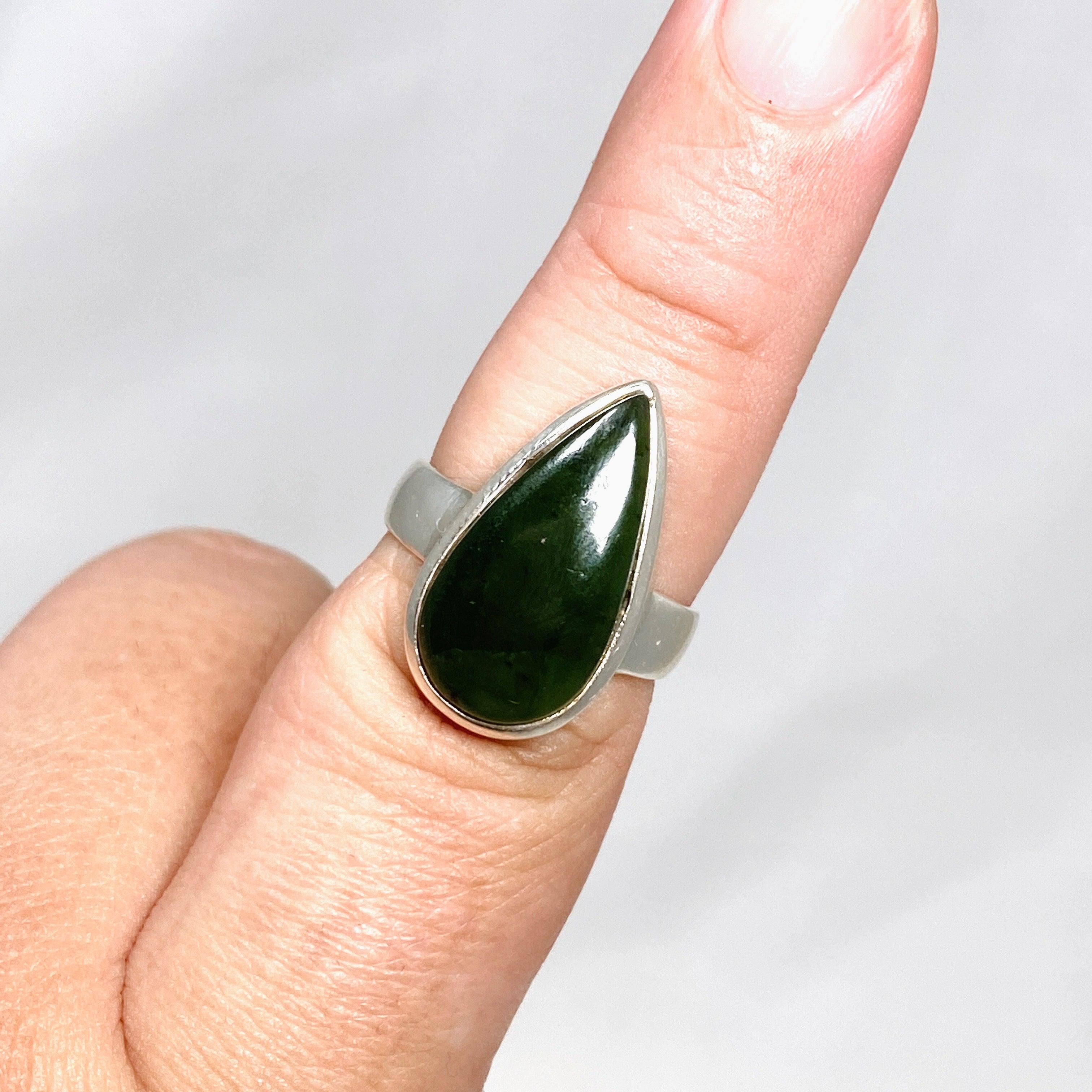 Natural Siberian Jade Nephrite Teardrop Ring - Size 9 PRGJ404 - Elegant Jewelry for Women, Perfect for Weddings, Parties & Special Occasions