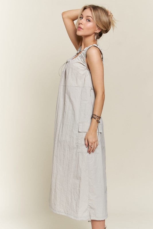 Beige Grey Drawstring Slit Back Cargo Midi Dress for Women | Casual Boho Chic Outfit for Streetwear, Date Night & Summer Fashion