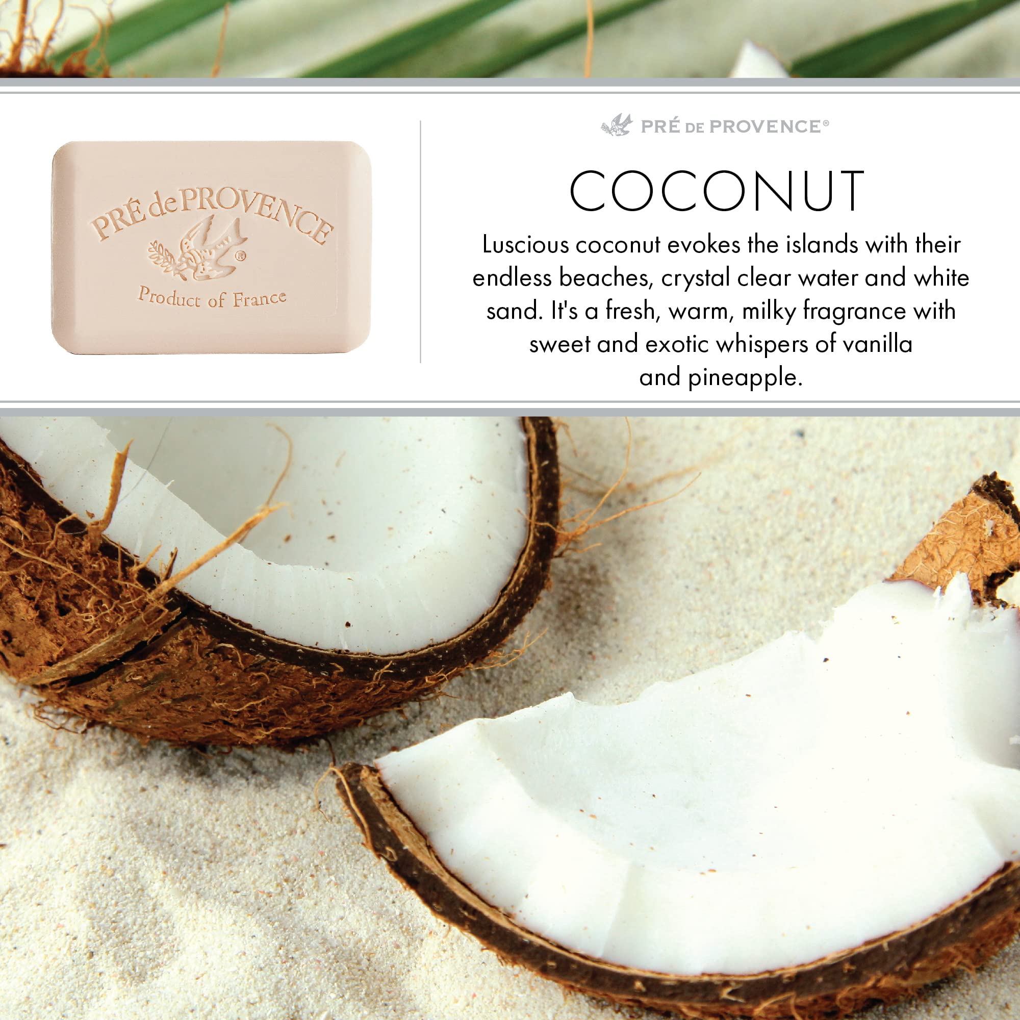 Pre de Provence Artisanal Soap Bar - Natural French Skincare with Organic Shea Butter - Quad Milled for Rich, Smooth & Moisturizing Lather - Coconut Scent - 5.3 oz - Perfect for Spa, Bath & Gift Giving