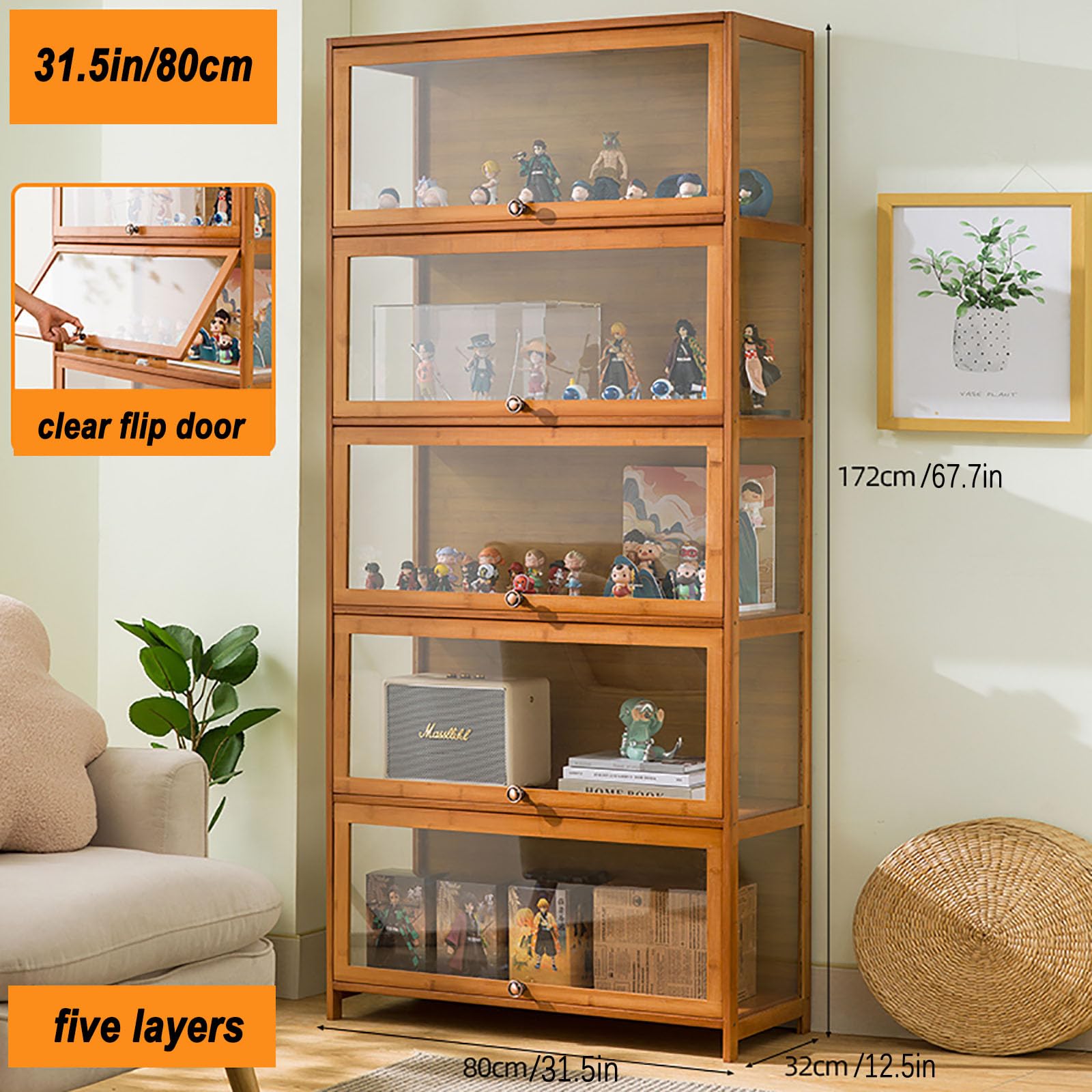 ZMHPLKH Natural Bamboo Display Cabinet with Glass Doors - Flip-Top Design, Dust-Proof & Easy Assembly - Perfect for Showcasing Collectibles, China, or Home Decor