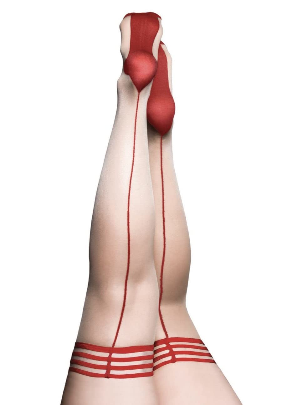 Kix'ies Thigh High Stockings for Women - No Slip Grip Stay Up Thigh Bands, Sexy Lingerie in Whitney Nude with Red Band & Seam (1333D) | Perfect for Office Wear, Date Nights & Special Occasions
