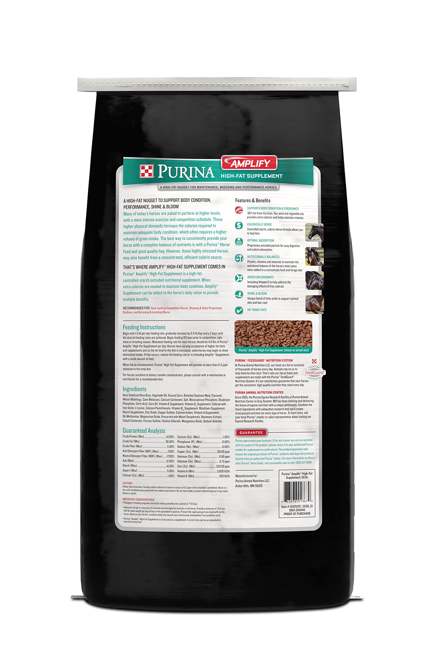 Purina Amplify Equine High-Fat Horse Supplement - 50 lb Bag for Maintenance, Breeding & Performance Horses | Supports Energy, Coat Health & Muscle Development | Ideal for Show Horses, Racehorses & Breeding Stock
