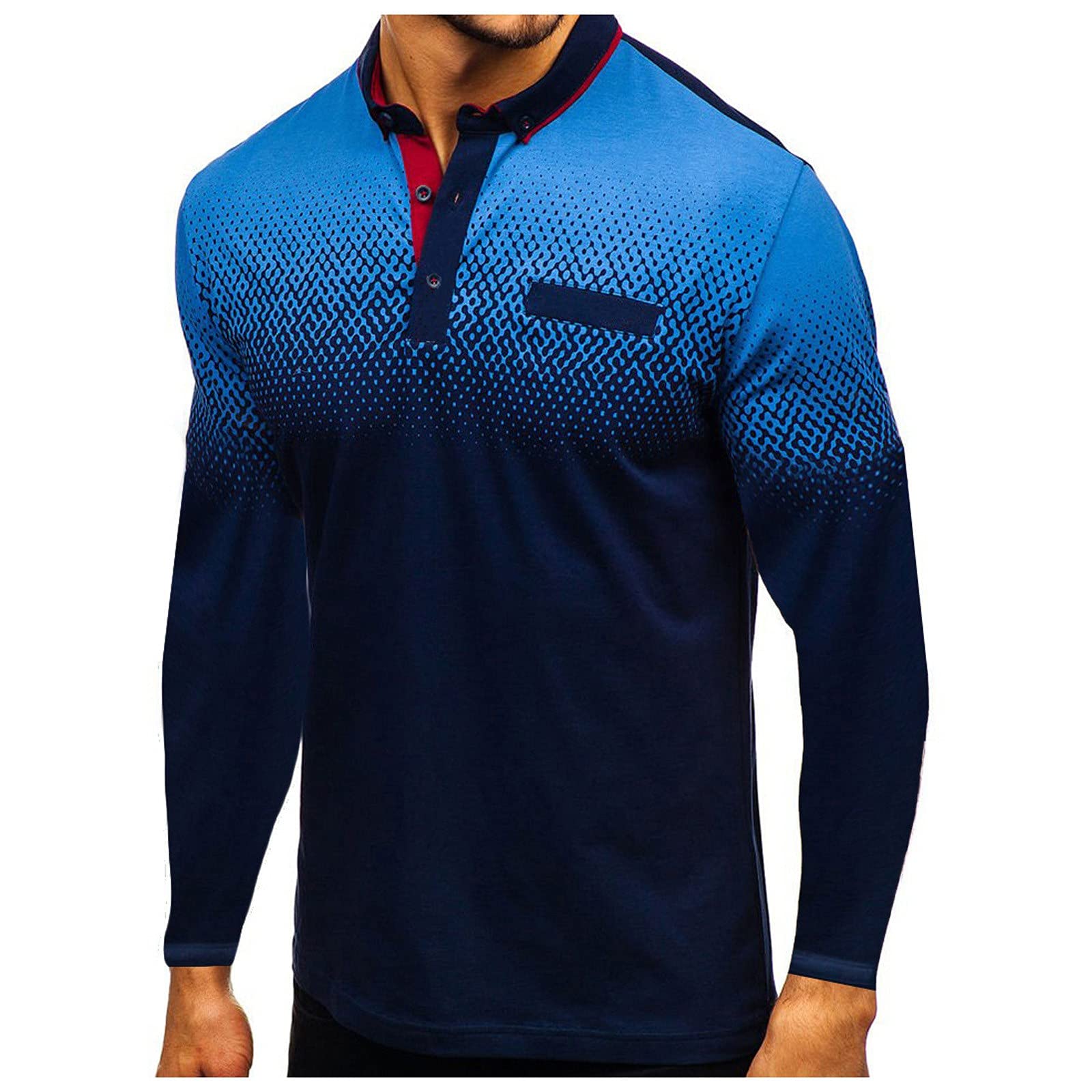 Men's Long Sleeve Gradient Print Dress Shirt with Pocket - Stylish Stand-up Collar Office & Casual Wear for Business & Everyday Outfits