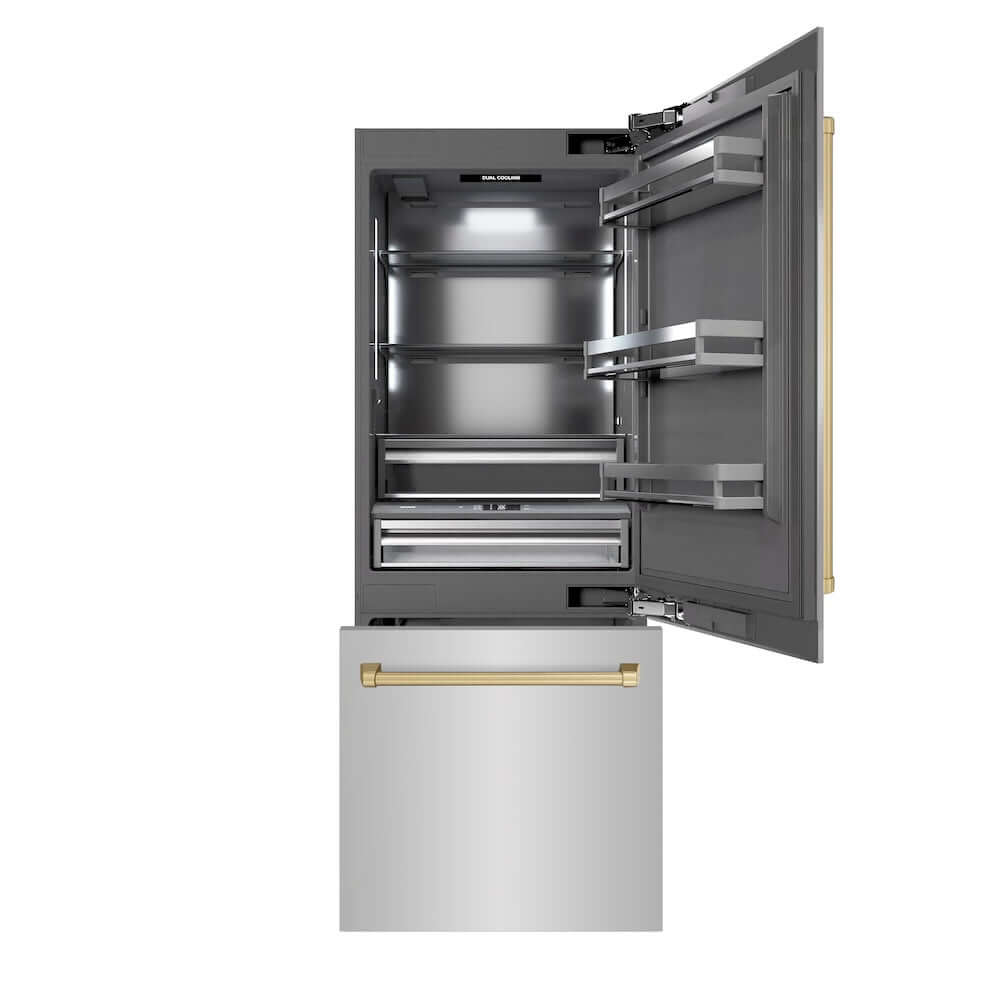 ZLINE Autograph Edition 30-Inch Built-In Bottom Freezer Refrigerator - 16.1 cu.ft Capacity, Stainless Steel with Graphite Gray Interior & Champagne Bronze Accents, Water Dispenser & Ice Maker (GRBIVZ 304 30CB) - Perfect for Modern Kitchens, Open-Concept Homes & Luxury Appliances Collection