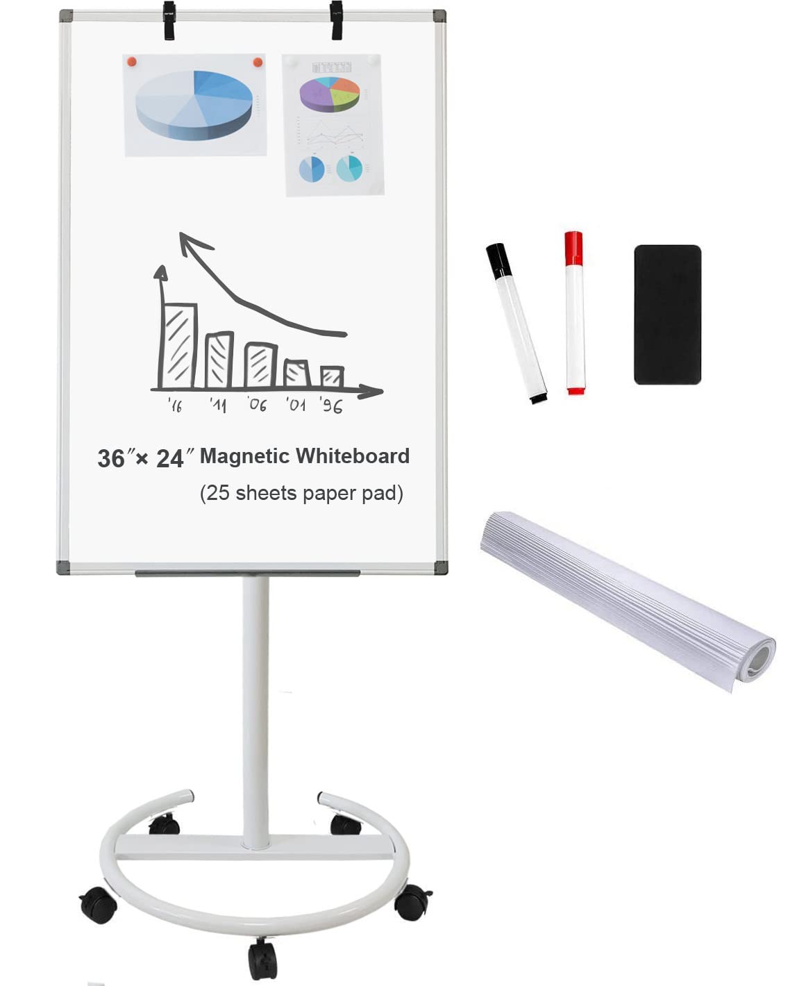 BIBOC 36x24 Inches Portable Dry Erase Whiteboard Stand - Adjustable Mobile Flipchart Easel with Hooks for Office, Classroom & Home Use | Perfect for Presentations, Teaching & Brainstorming