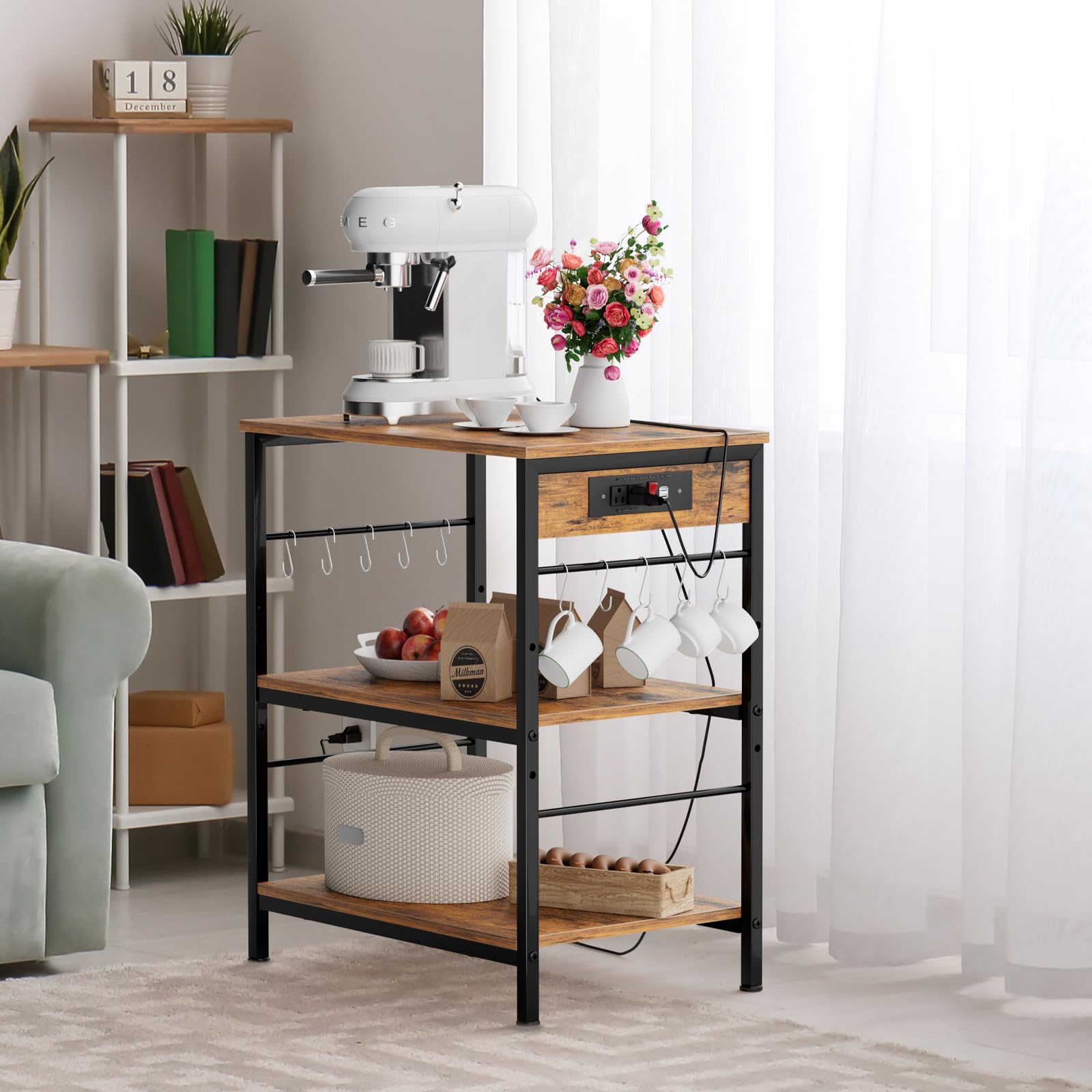 ETELI 3-Tier Bakers Rack with Power Outlet - Microwave Stand Cart with Storage Shelves - Mobile Coffee Station Table with Wheels - Rustic Brown Kitchen Cart for Living Room, Bedroom & Office - Perfect for Small Spaces, Apartment Cooking & Coffee Bar Setup