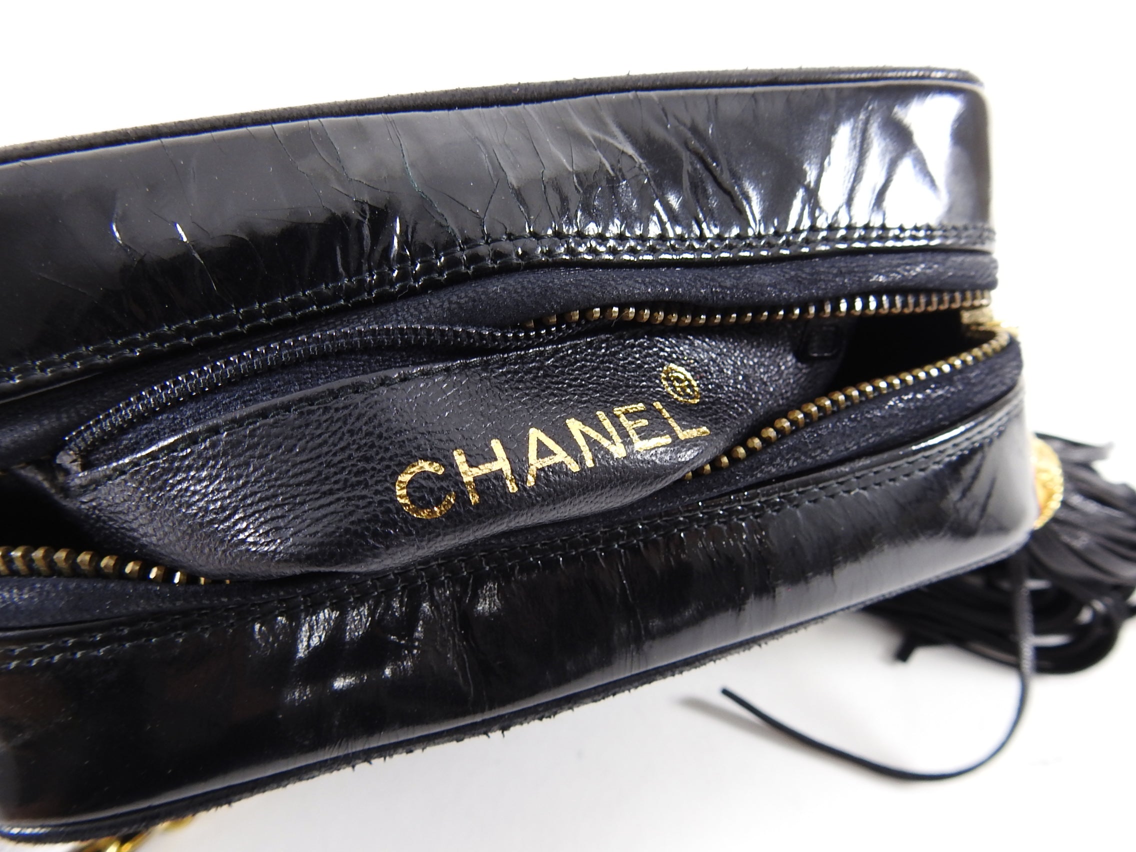 Vintage Chanel 1986 Mini Black Patent Leather CC Logo Camera Crossbody Bag - Perfect for Date Night & Evening Events