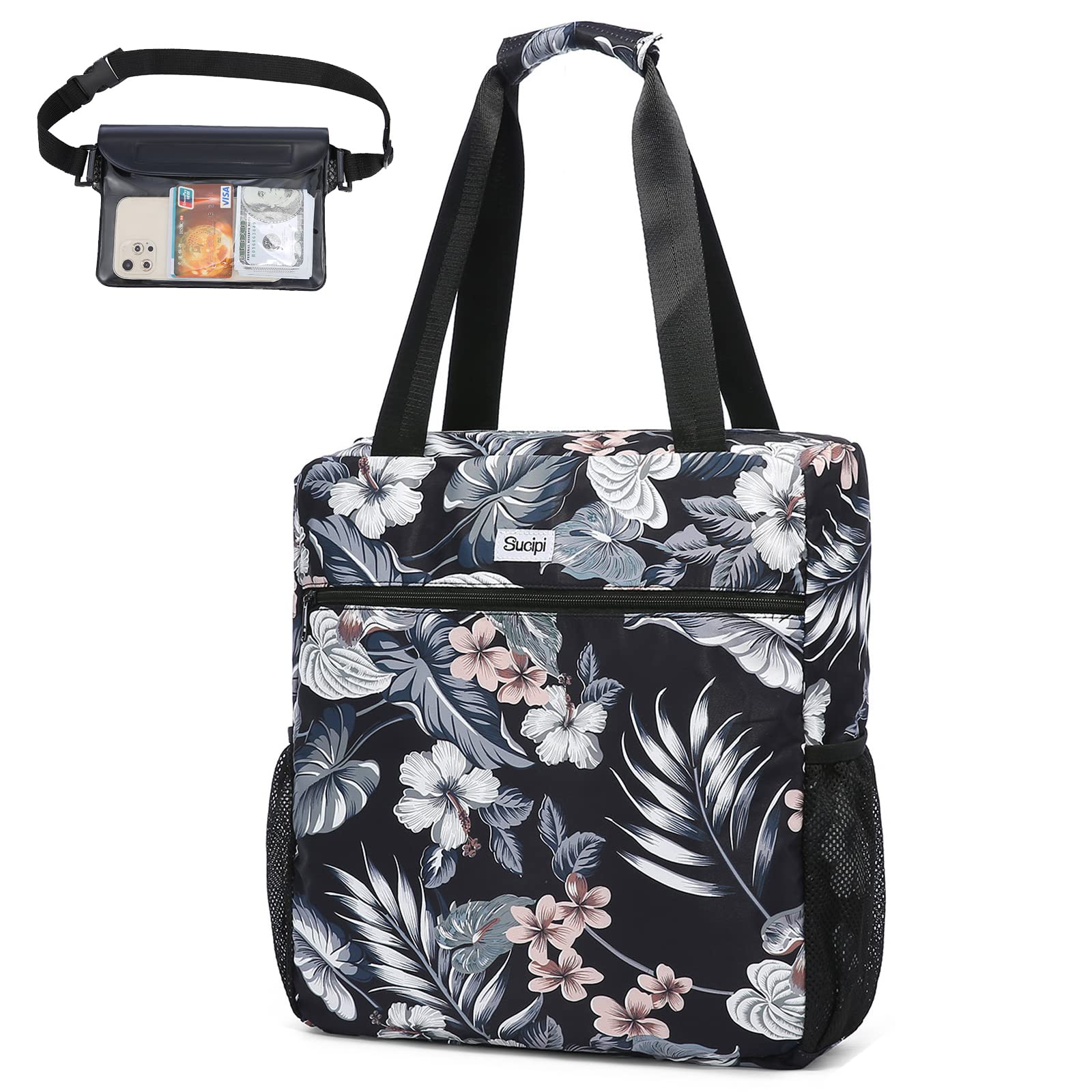 Large Waterproof Floral Beach Tote Bag for Women - Foldable XL Zippered Pool & Gym Bag - Perfect for Travel, Shopping & Summer Outings