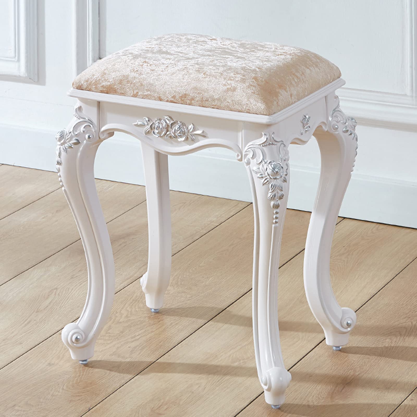 European Vanity Stool - Baroque Style Upholstered Makeup Chair with Steel Legs & High-Resilience Sponge for Dressing Room, Living Room, Bedroom | Perfect for Makeup, Piano Bench, Restaurant Seating & Home Decor