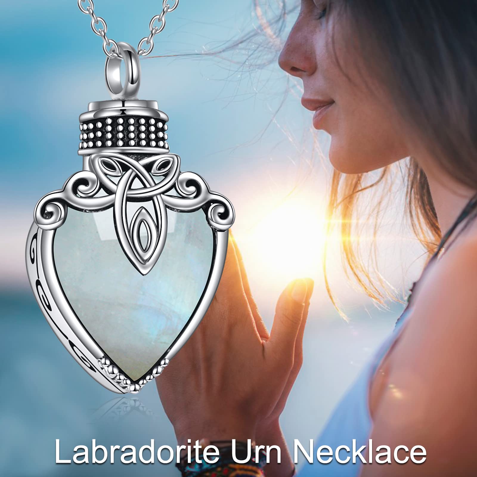 POPLYKE Sterling Silver Labradorite Crystal Filigree Teardrop Urn Necklace for Ashes - Memorial Keepsake Jewelry for Loved Ones - Perfect for Remembrance, Funerals & Special Occasions