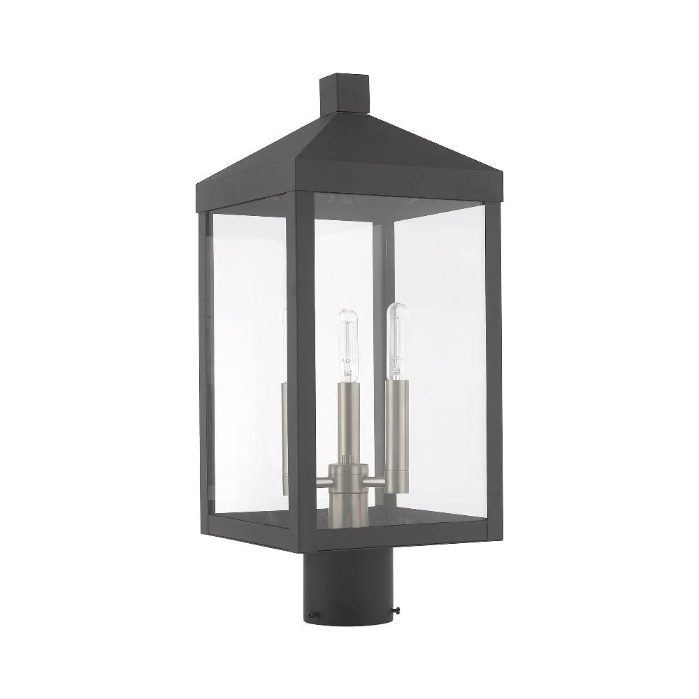 Livex Lighting 3-Light Brushed Nickel Outdoor Post Top Lantern - Weatherproof Exterior Light Fixture for Porch, Garden, Pathway & Entryway Lighting