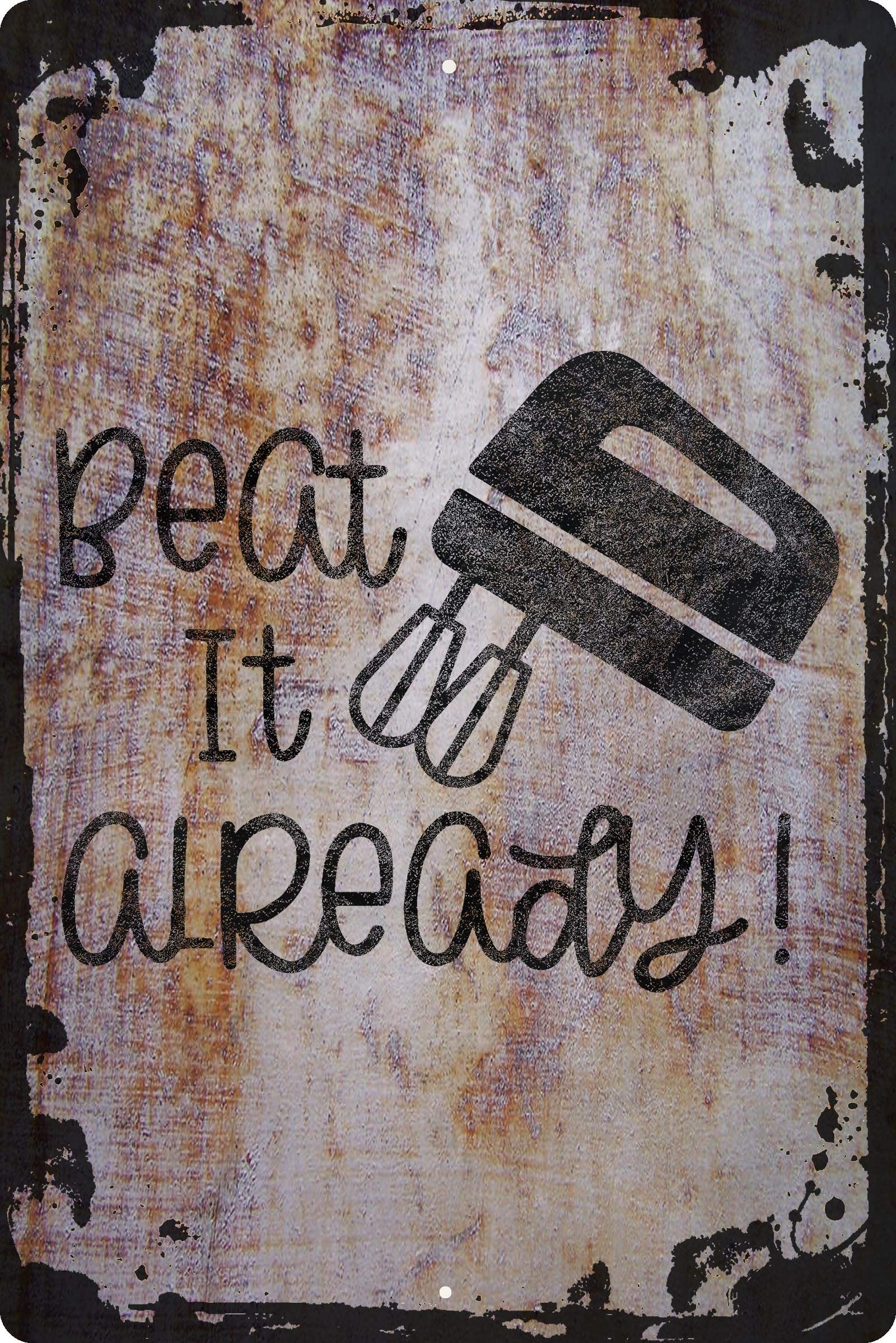 Funny Kitchen Wall Art - 'Beat It Already!' Hand Mixer Baking Cooking Decor, Beige Chef Gift, 12x18 Inch - Perfect for Home, Office & Restaurant Decor