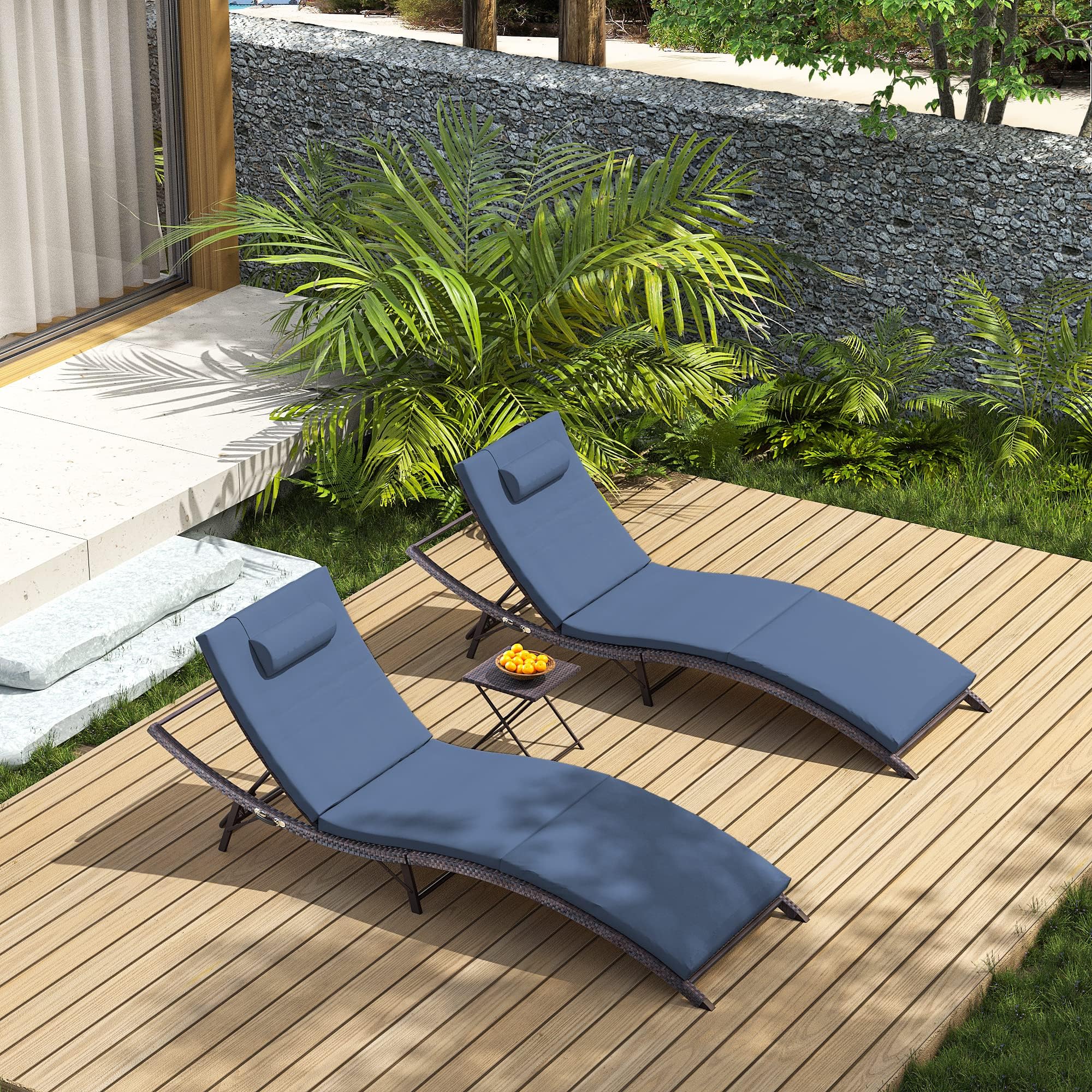 3-Piece Patio Chaise Lounge Set with Adjustable Rattan Backrest & Folding Table - Outdoor Furniture for Poolside, Beach, Backyard, Porch | Perfect for Sunbathing, Relaxing & Entertaining Guests