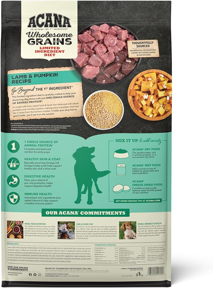 Acana Singles Wholesome Grains Dry Dog Food - Lamb & Pumpkin Recipe - Grain-Inclusive Nutrition for Adult Dogs - Perfect for Sensitive Stomachs & Allergies - Indoor & Outdoor Feeding