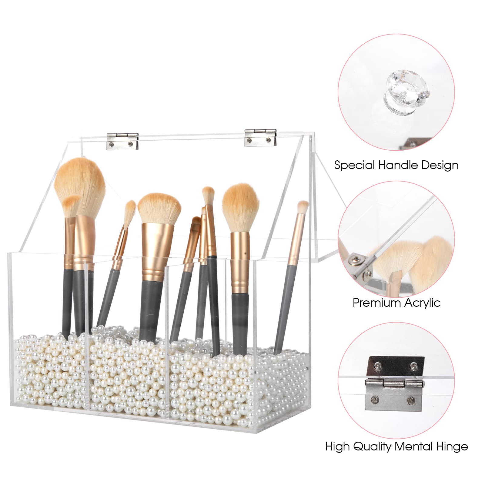 Clear Acrylic Makeup Brush Holder with 3 Compartments & Dust Cover - Large Capacity Cosmetic Organizer for Vanity Desk | Perfect for Makeup Artists & Beauty Enthusiasts