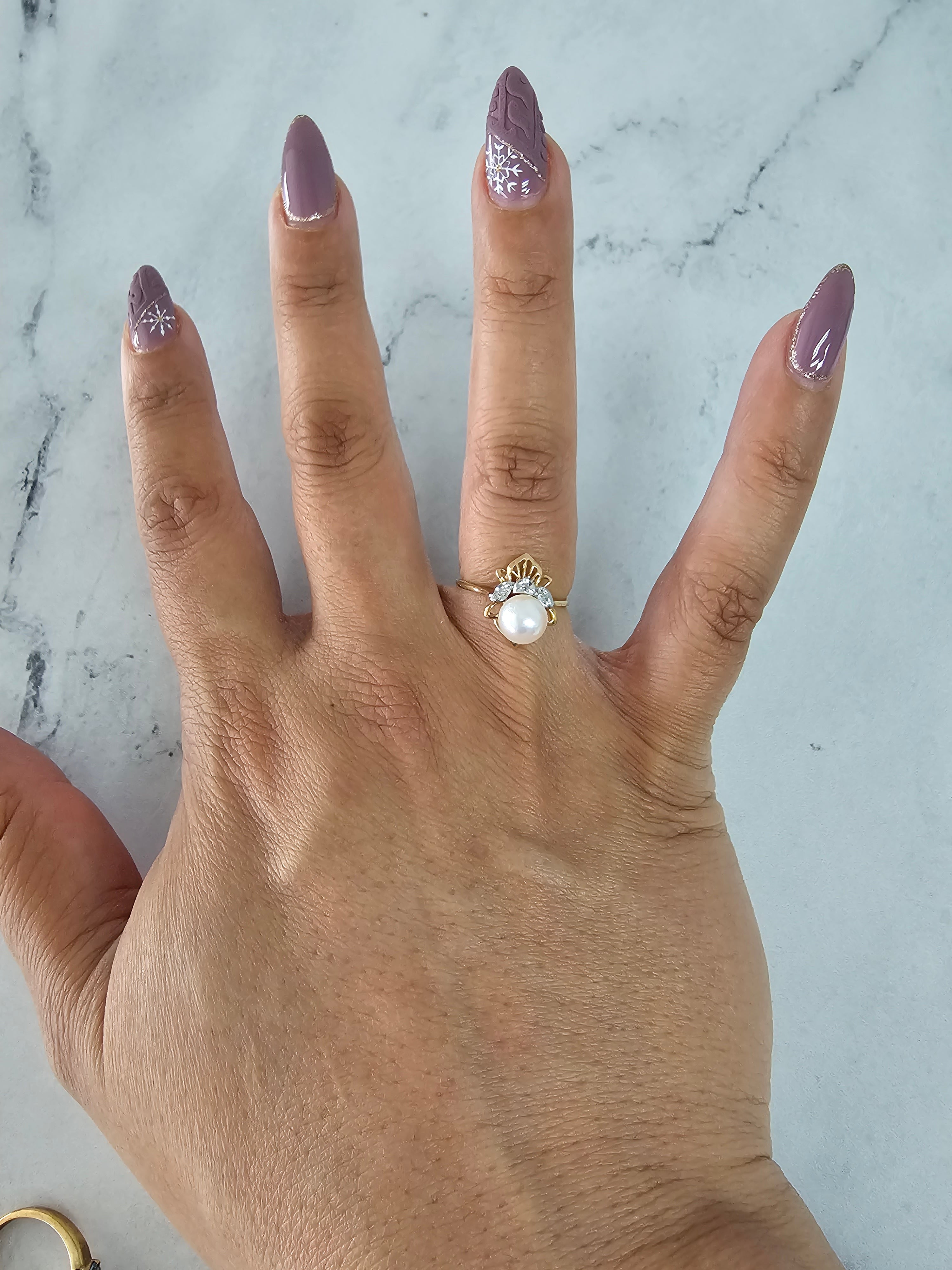 7MM Solitaire Pearl Ring with Diamond Accents - Elegant Crown Style Bridal Jewelry for Engagement, Wedding & Anniversary Gifts